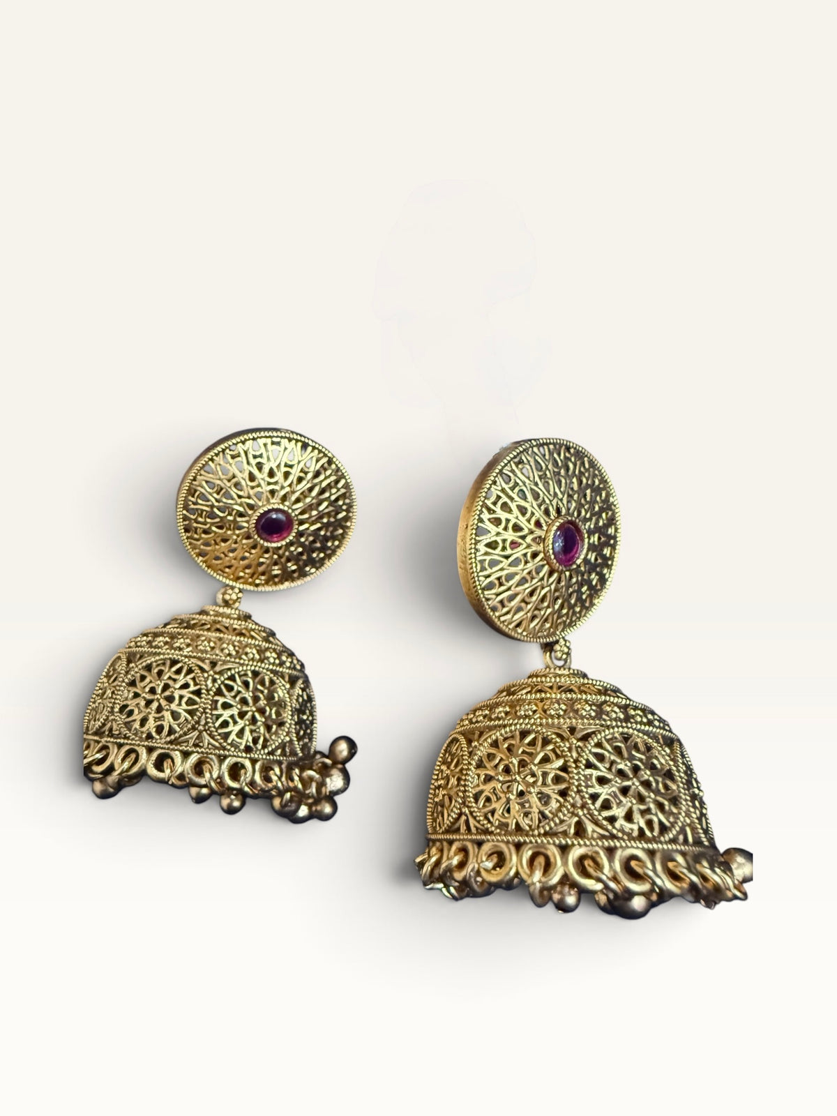 Ruby Red Antique-Gold Jhumka Earrings by Sabby Clothing