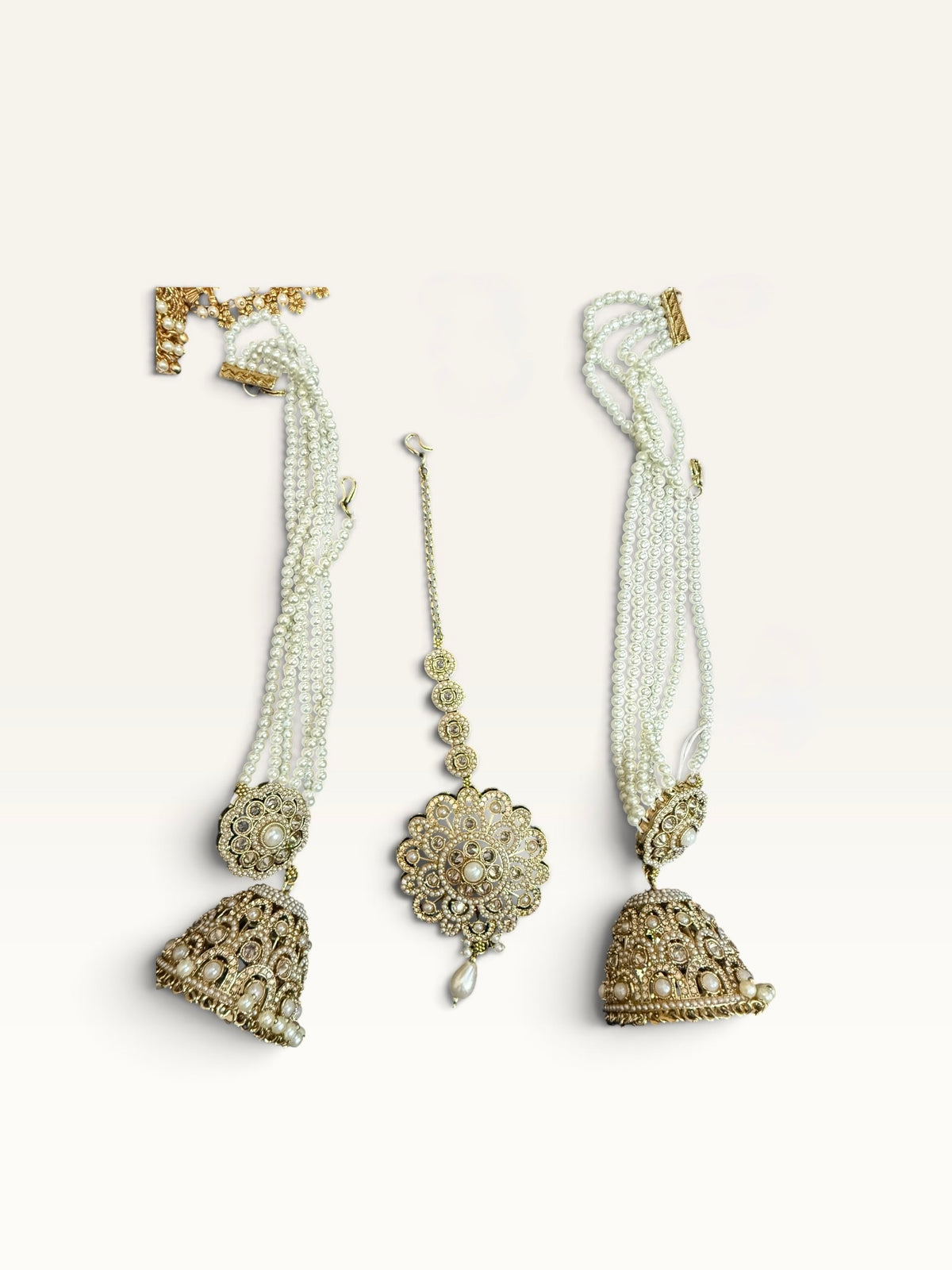 Ivory Pearl Strand Jhumka Earrings & Tikka Set by Sabby Clothing