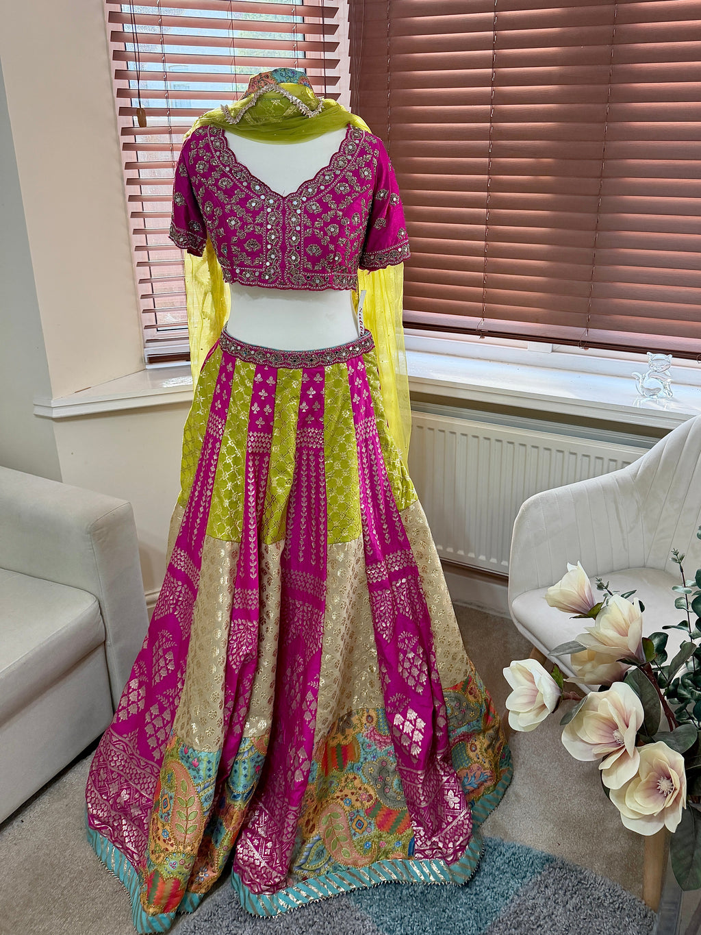 Magenta & Lime Green Panel Lehenga