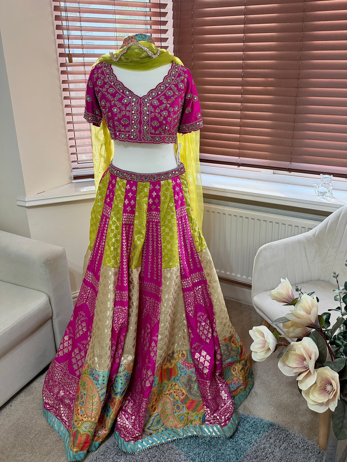 Magenta & Lime Green Panel Lehenga