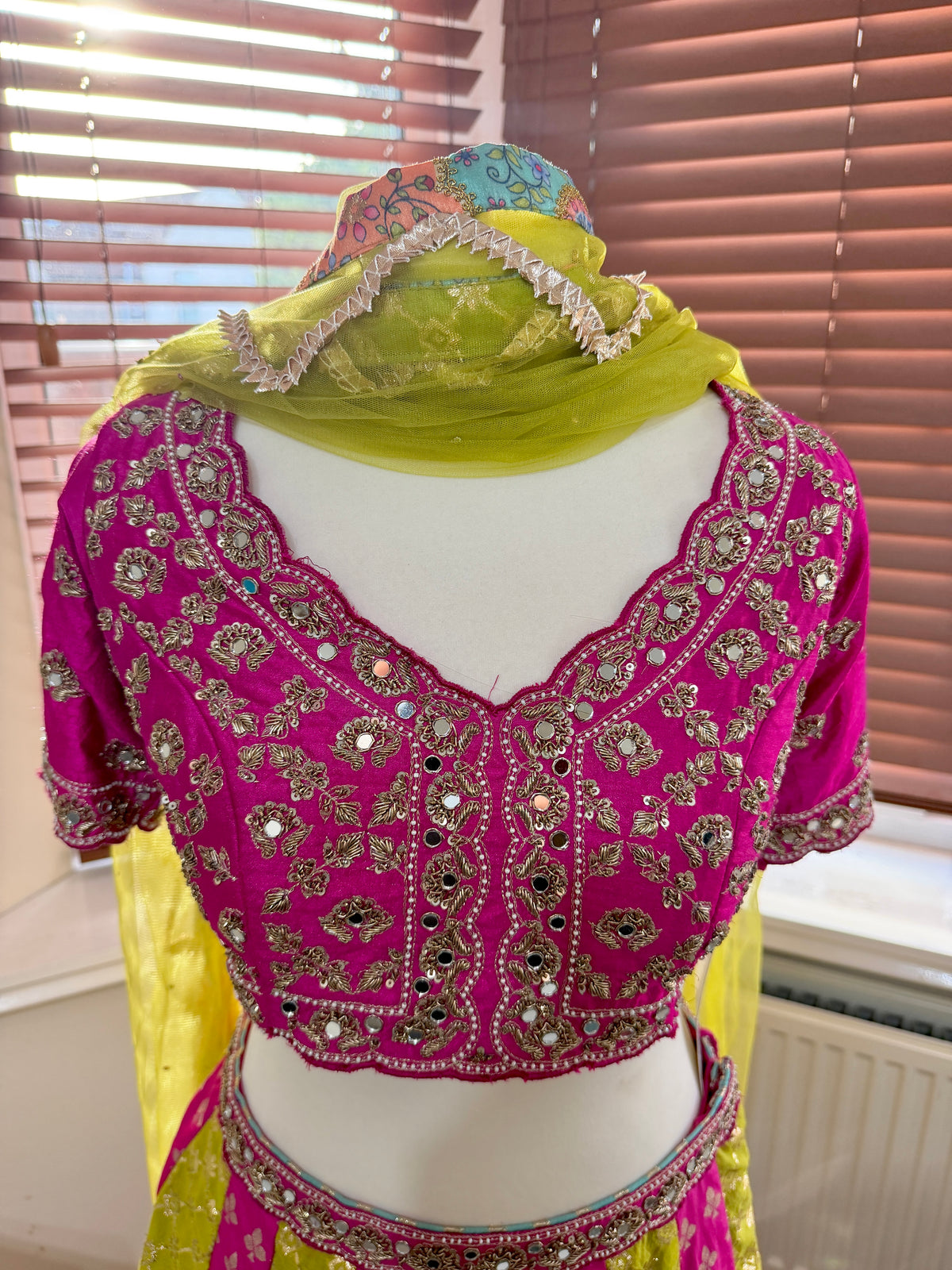 Magenta & Lime Green Panel Lehenga