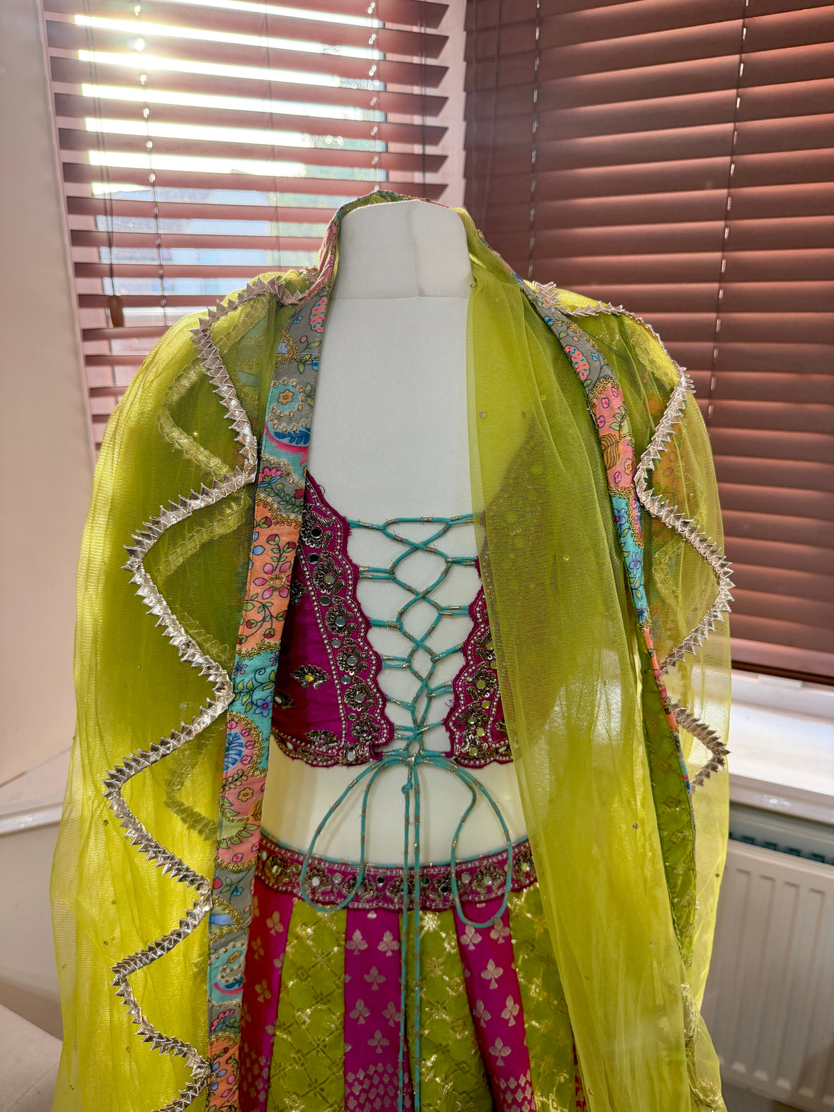 Magenta & Lime Green Panel Lehenga
