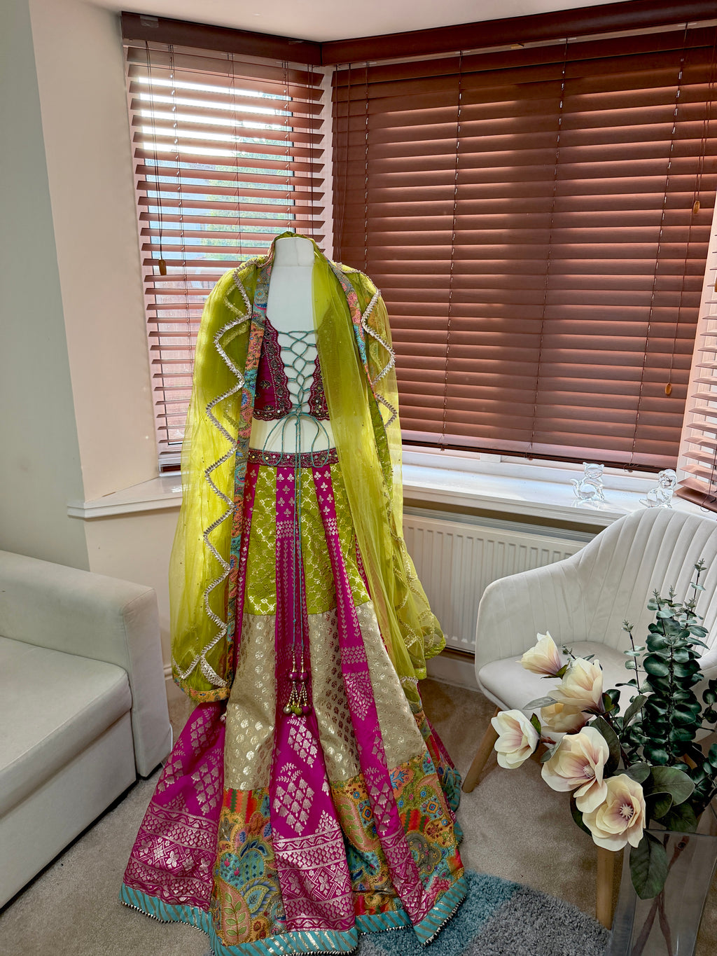 Magenta & Lime Green Panel Lehenga
