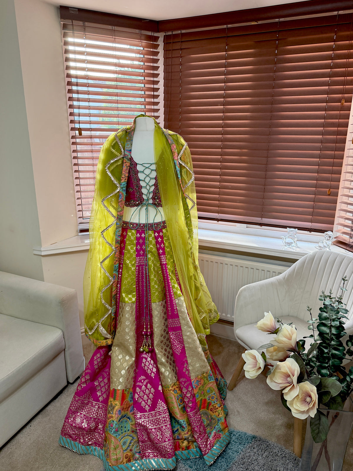 Magenta & Lime Green Panel Lehenga