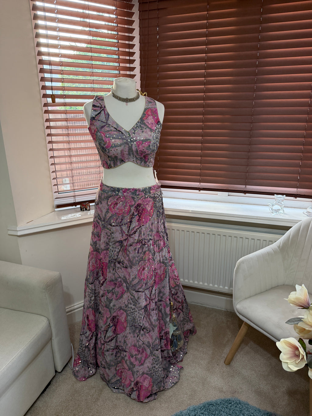 Pink and Grey Floral Embroidered Lehenga