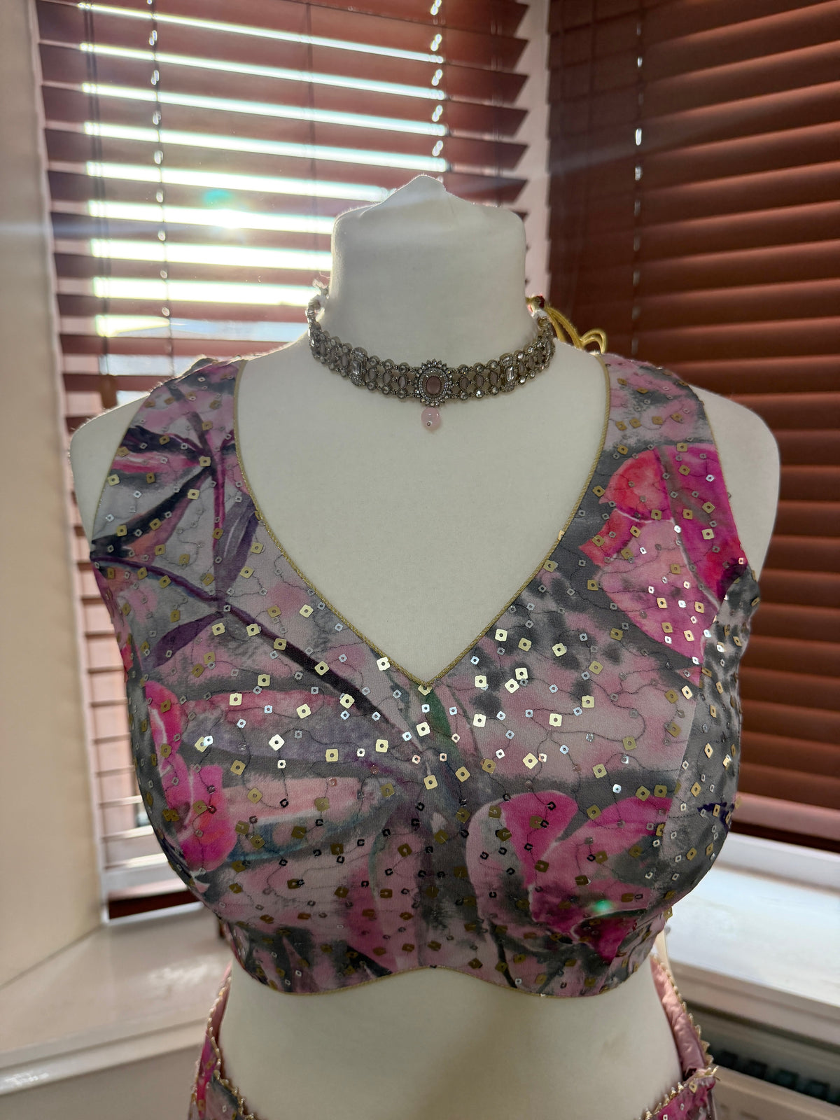 Pink and Grey Floral Embroidered Lehenga