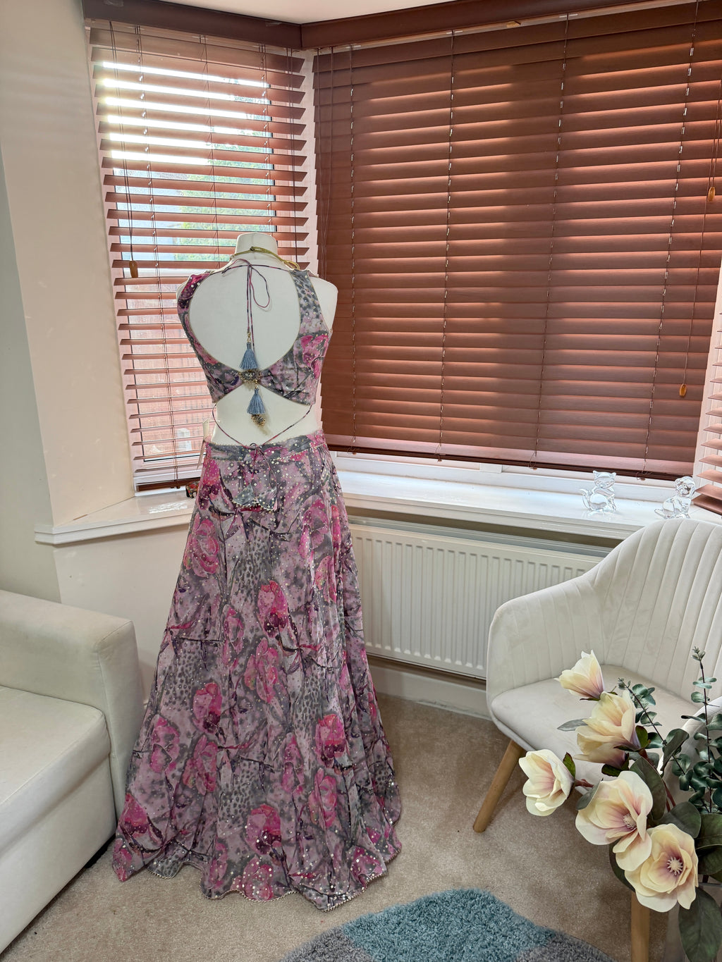 Pink and Grey Floral Embroidered Lehenga