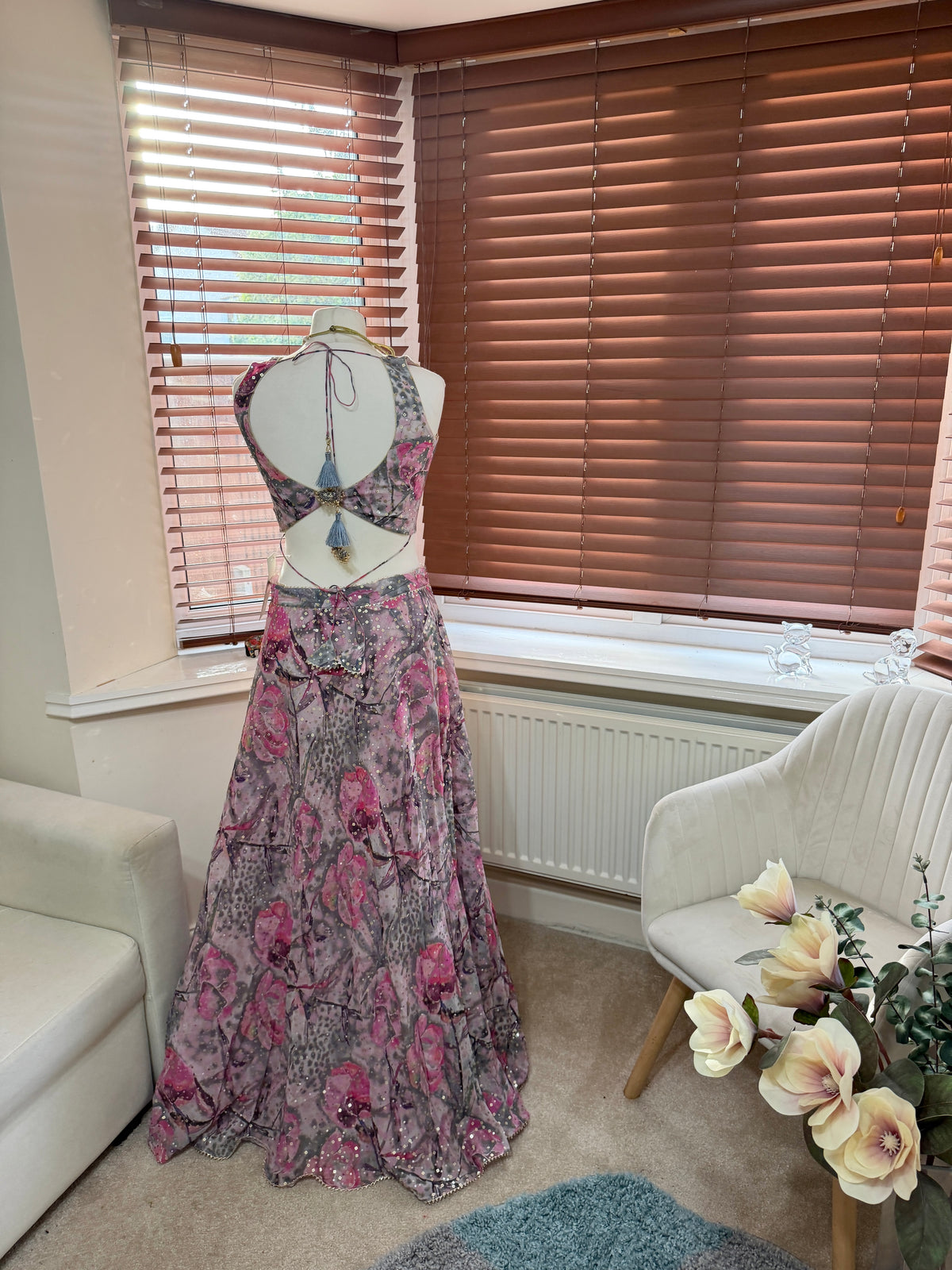 Pink and Grey Floral Embroidered Lehenga