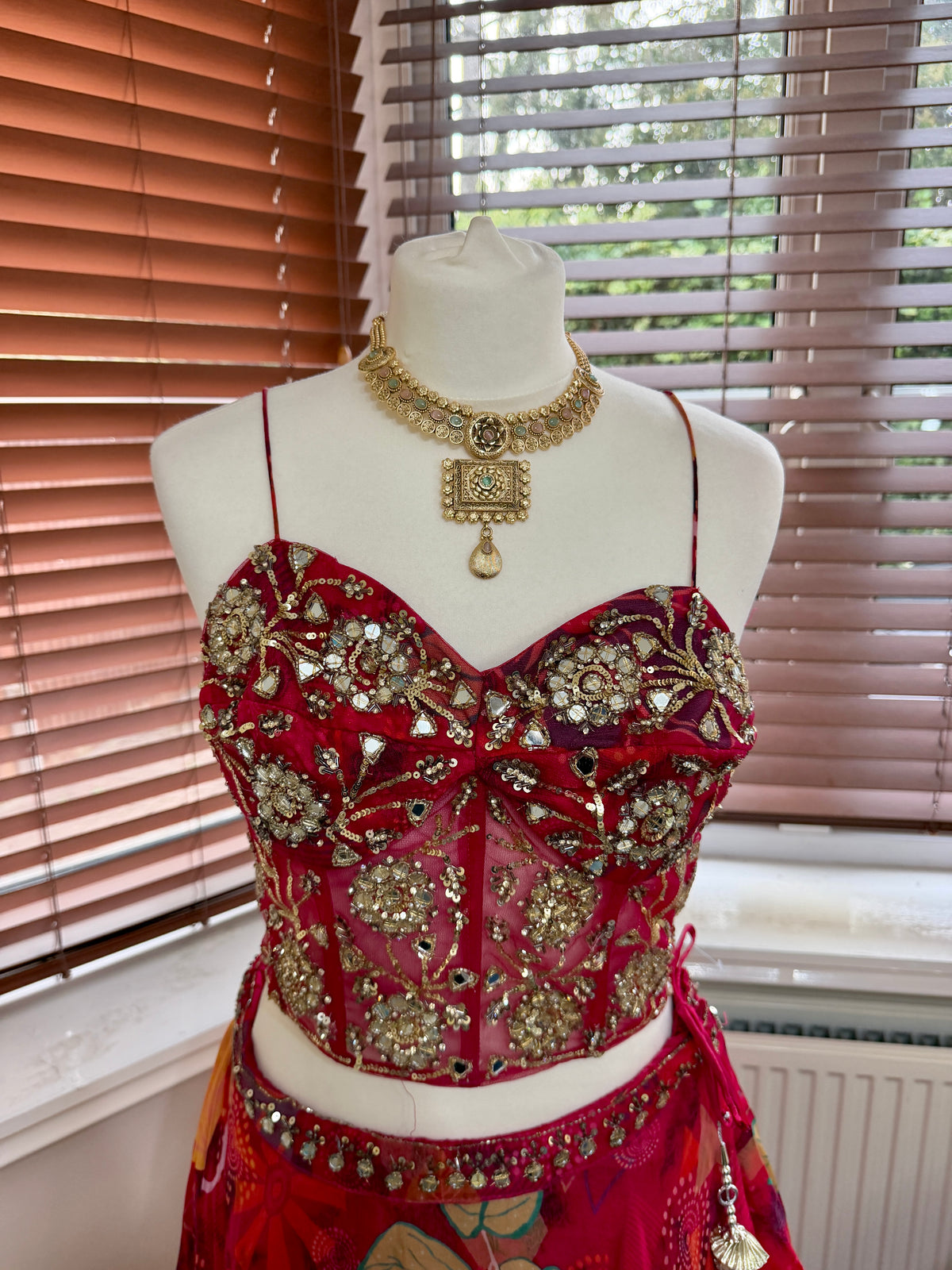 Red Floral Printed Skirt, Corset & Cape Set