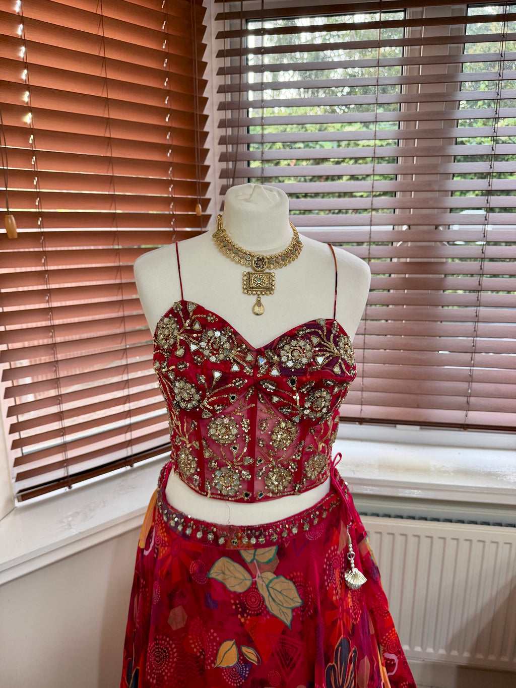 Red Floral Printed Skirt, Corset & Cape Set
