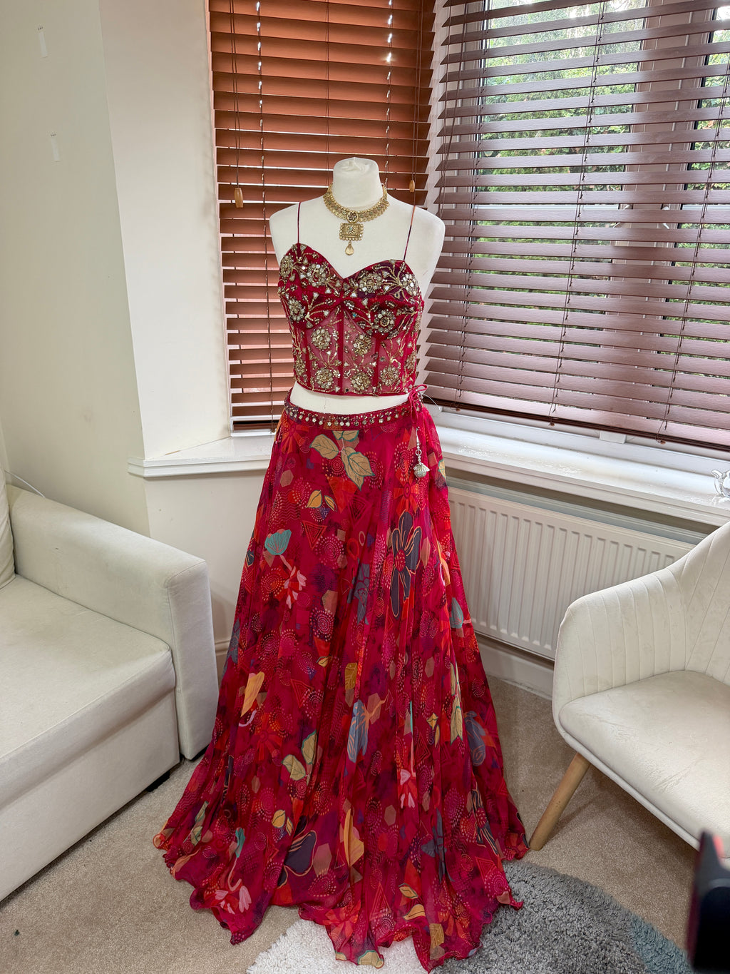 Red Floral Printed Skirt, Corset & Cape Set