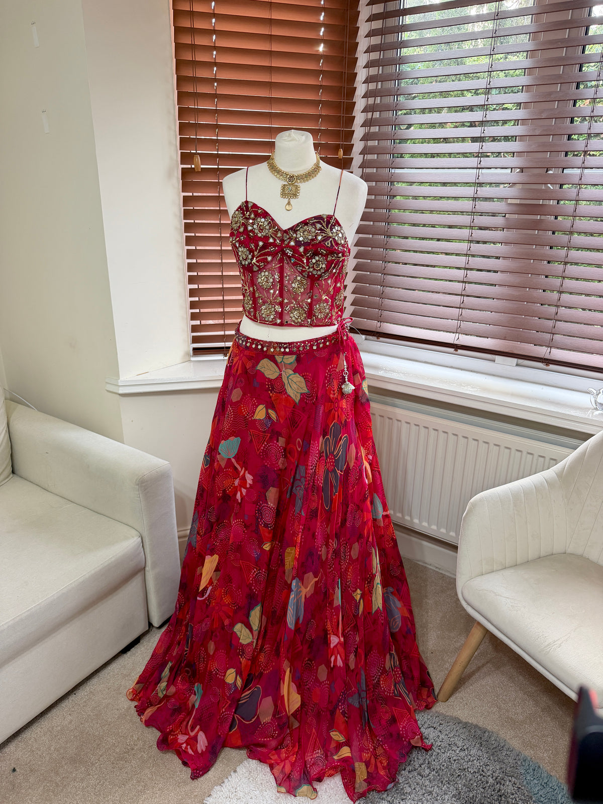 Red Floral Printed Skirt, Corset & Cape Set
