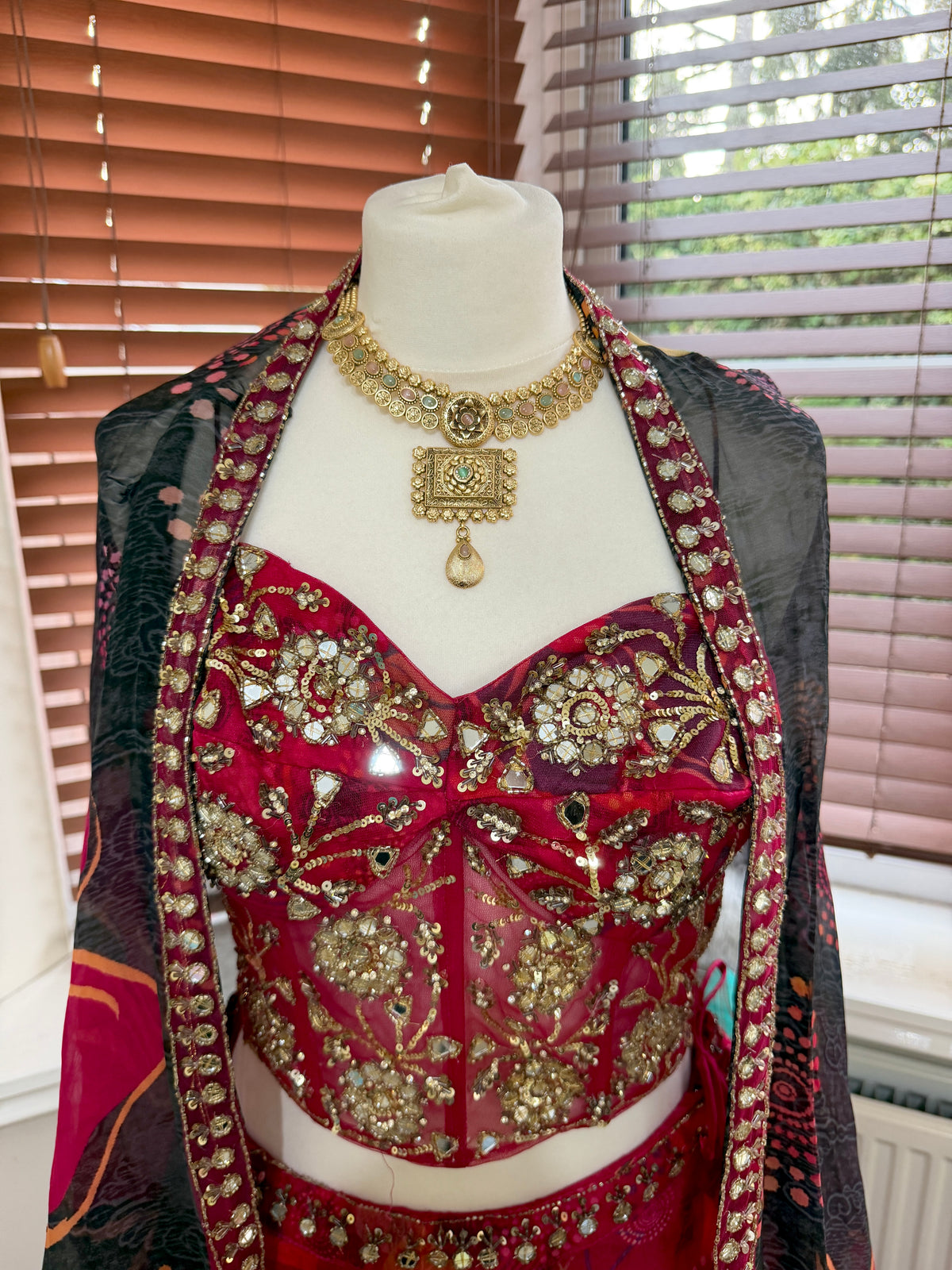 Red Floral Printed Skirt, Corset & Cape Set
