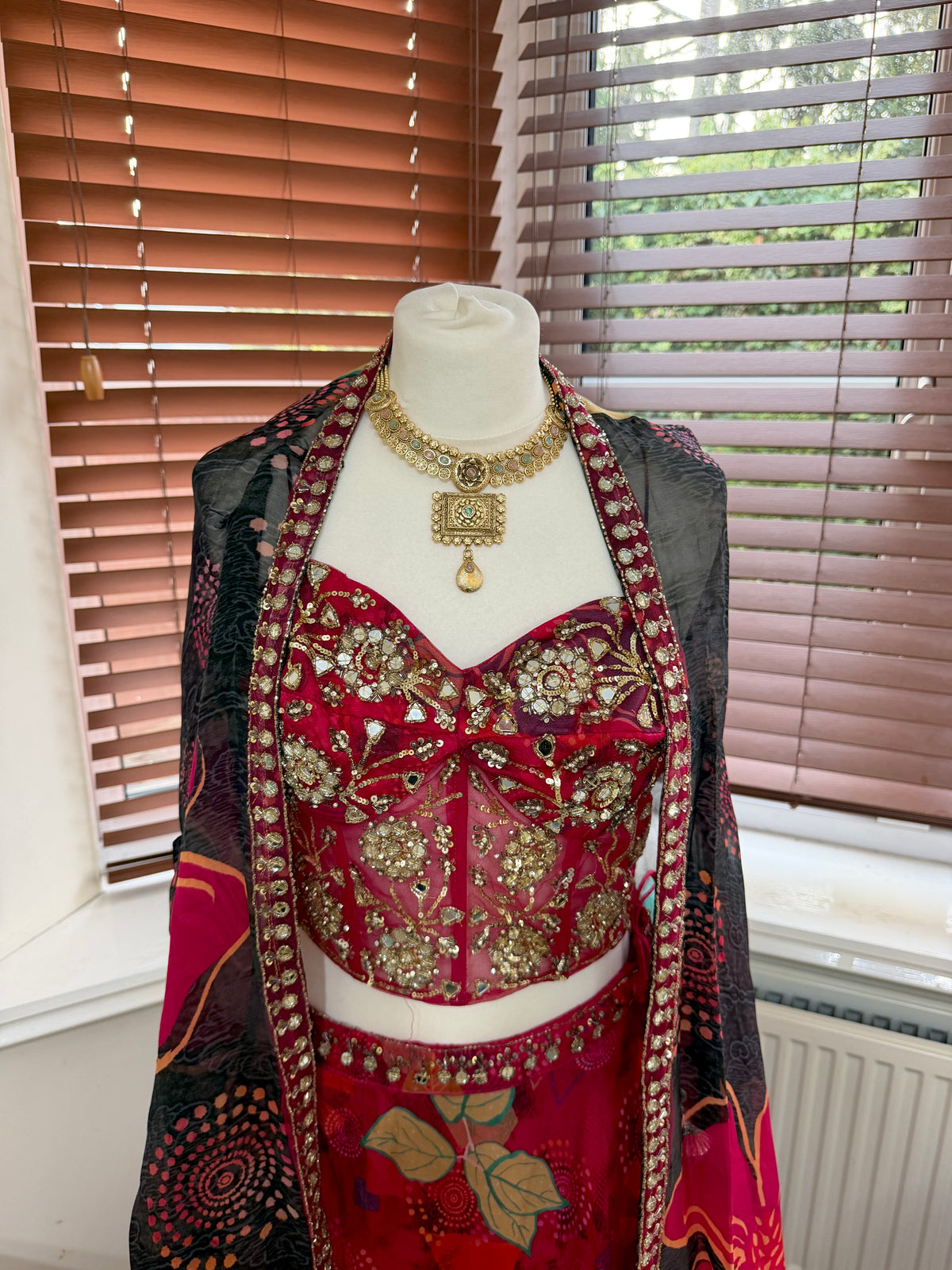 Red Floral Printed Skirt, Corset & Cape Set