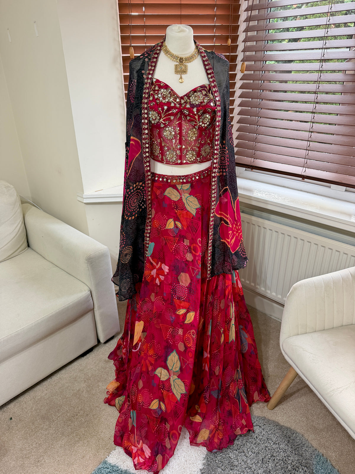 Red Floral Printed Skirt, Corset & Cape Set