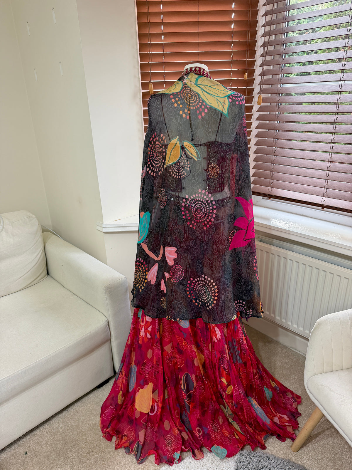 Red Floral Printed Skirt, Corset & Cape Set