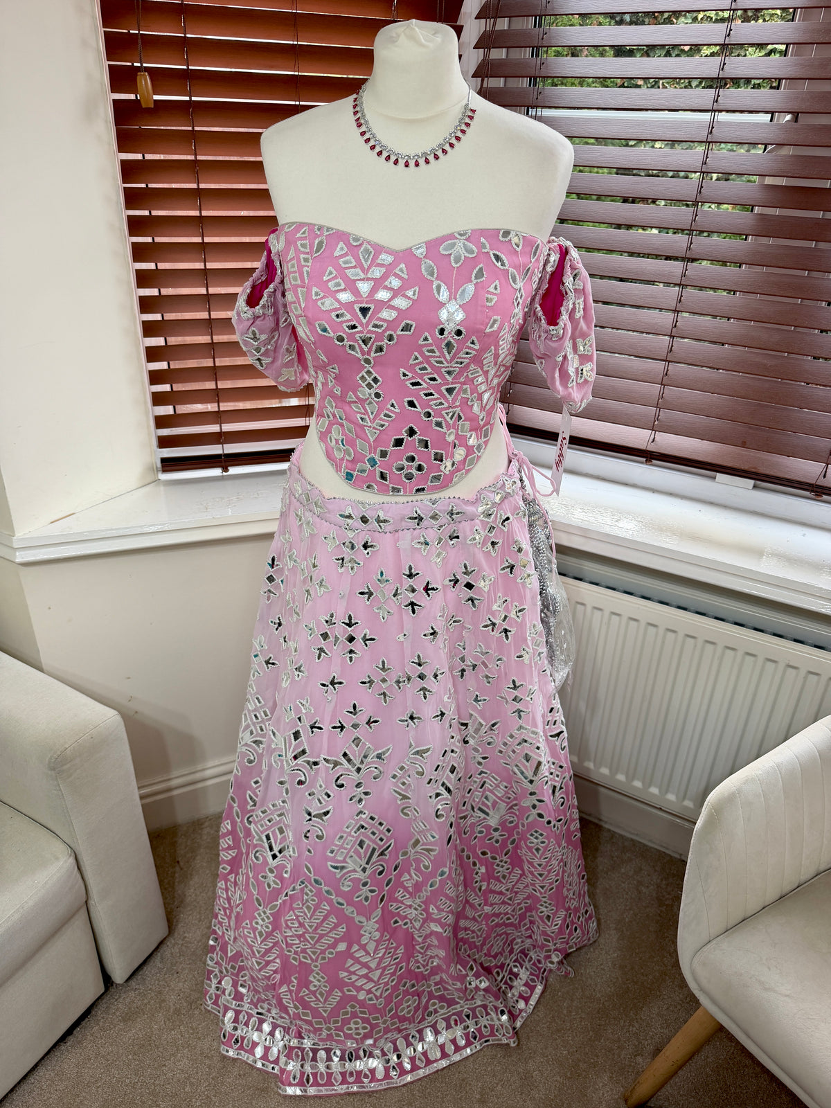 Pink & White Ombre Mirror-Work Lehenga Set
