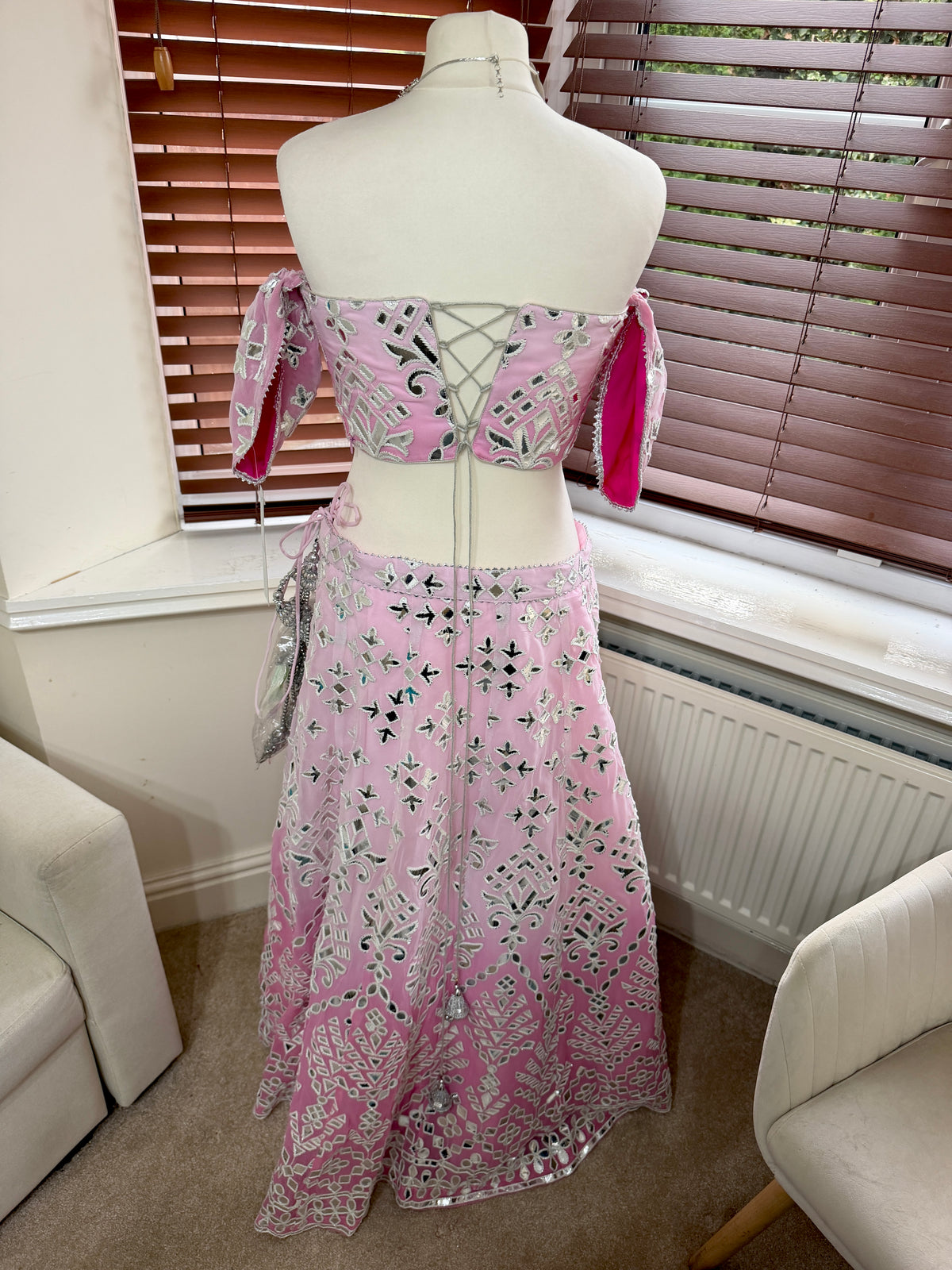 Pink & White Ombre Mirror-Work Lehenga Set