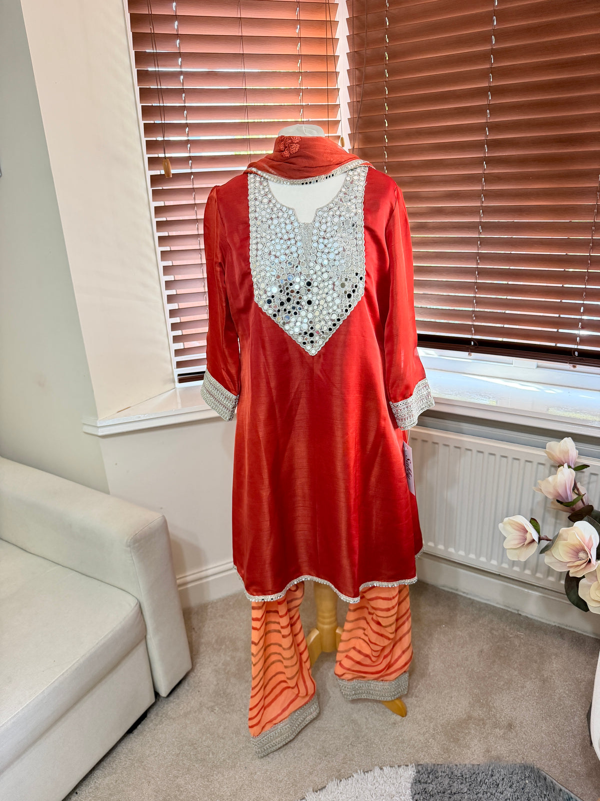 Red Mirror Kurta with Orange Abstract Trousers