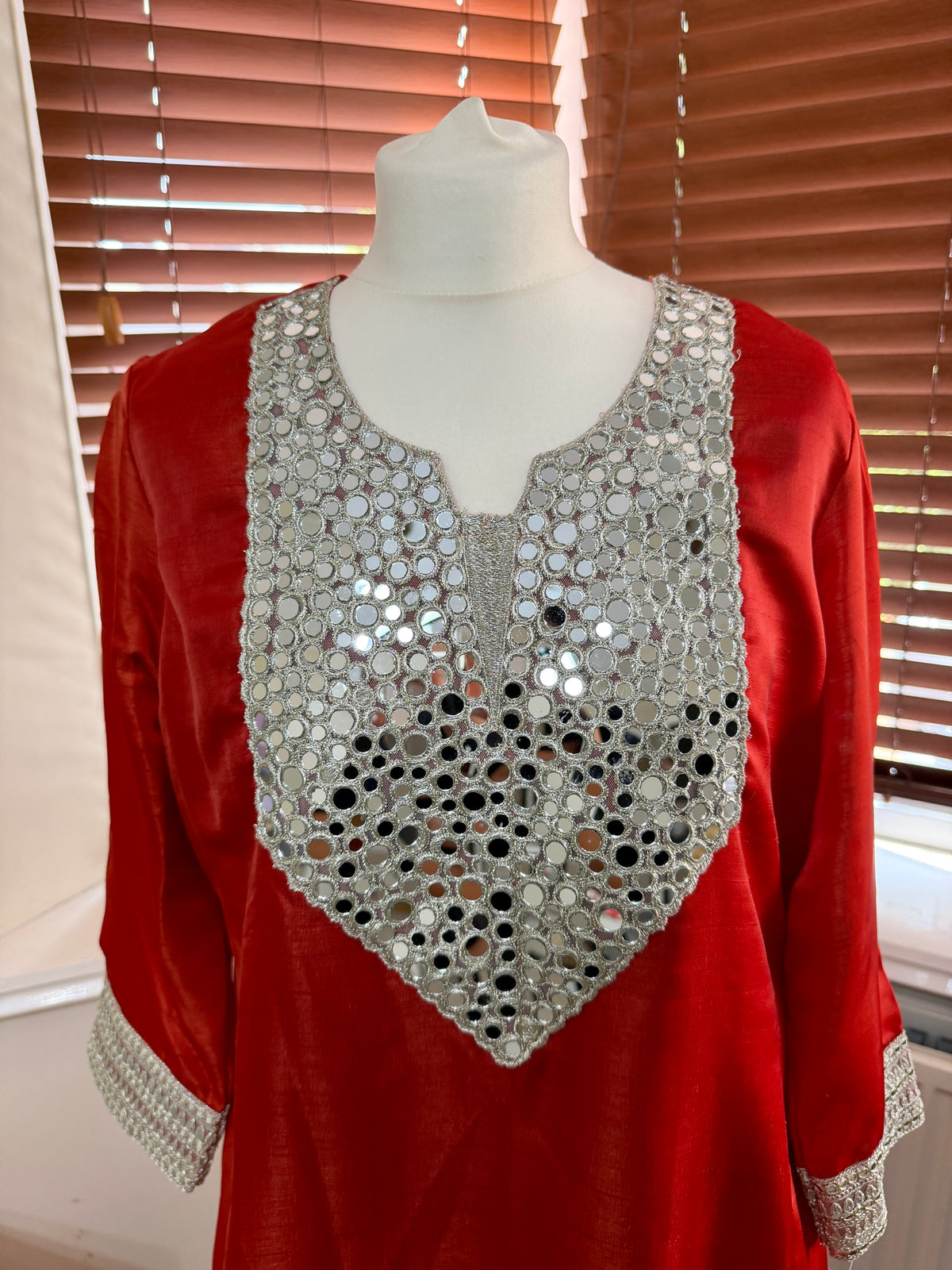 Red Mirror Kurta with Orange Abstract Trousers