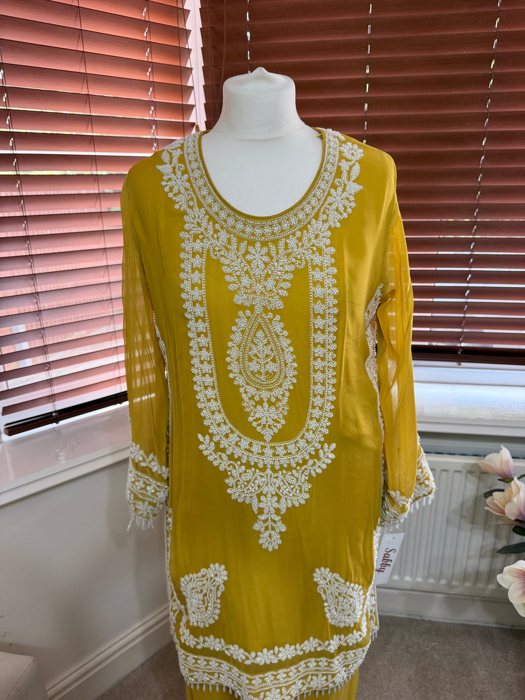 Mustard Yellow White Embroidered Kurta Set