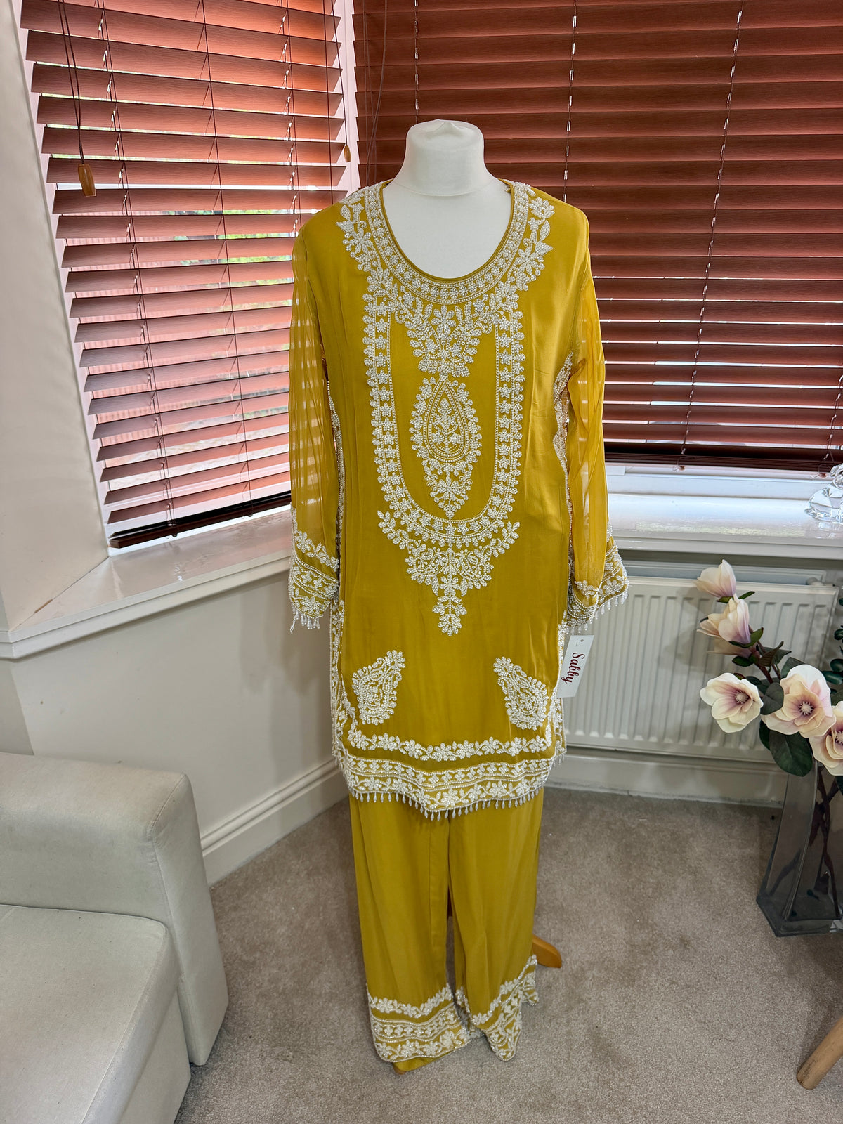 Mustard Yellow White Embroidered Kurta Set