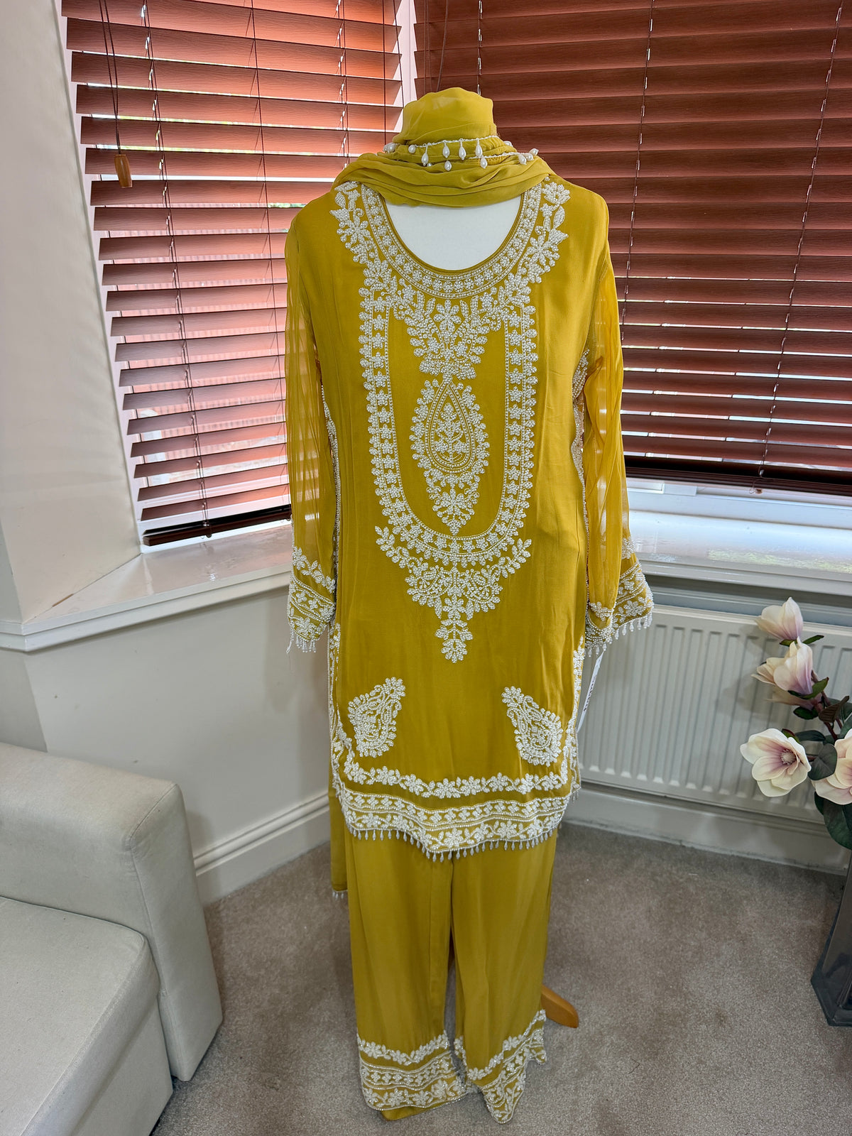 Mustard Yellow White Embroidered Kurta Set