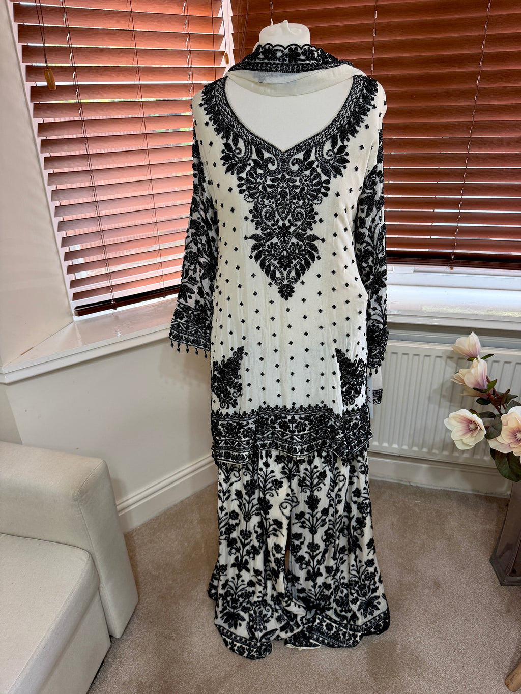 White & Black Long Kurta Set
