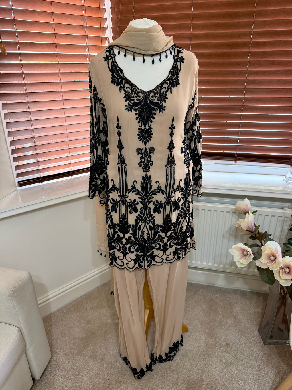 Beige Sharara with Black Embroidery and Matching Dupatta