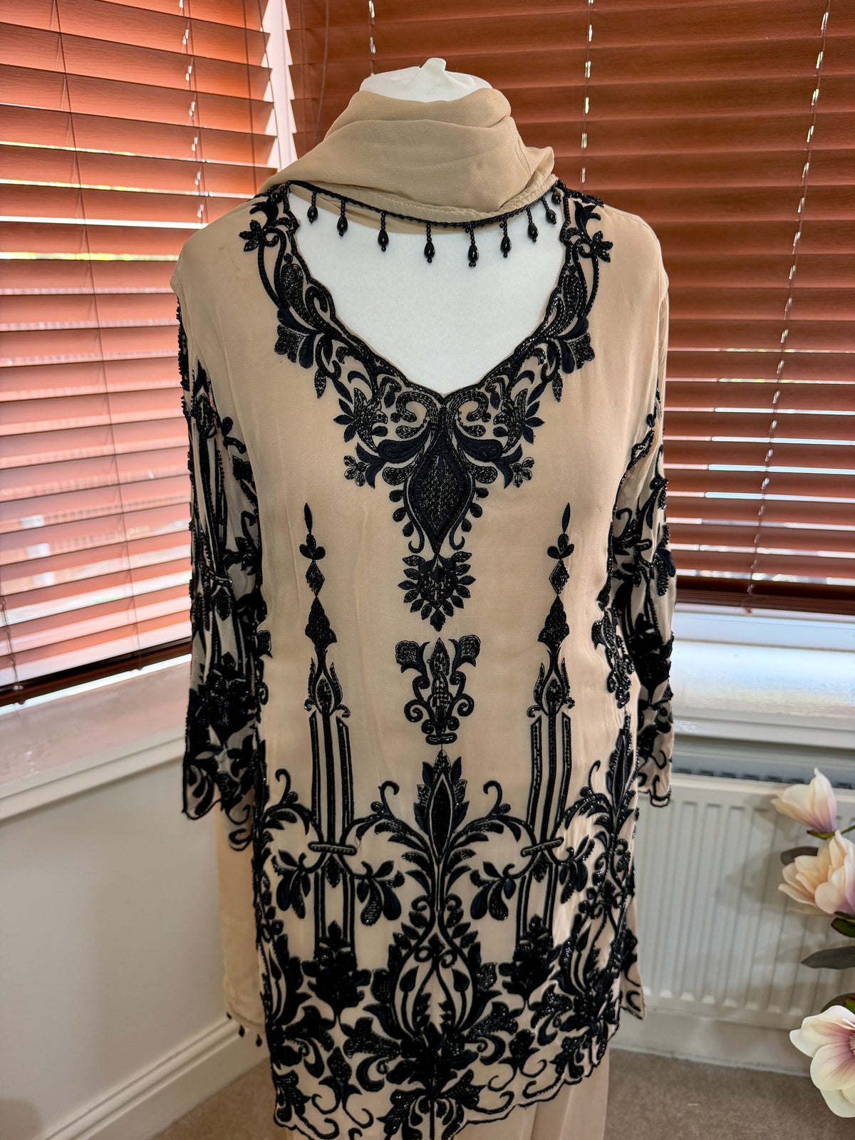 Beige Sharara with Black Embroidery and Matching Dupatta