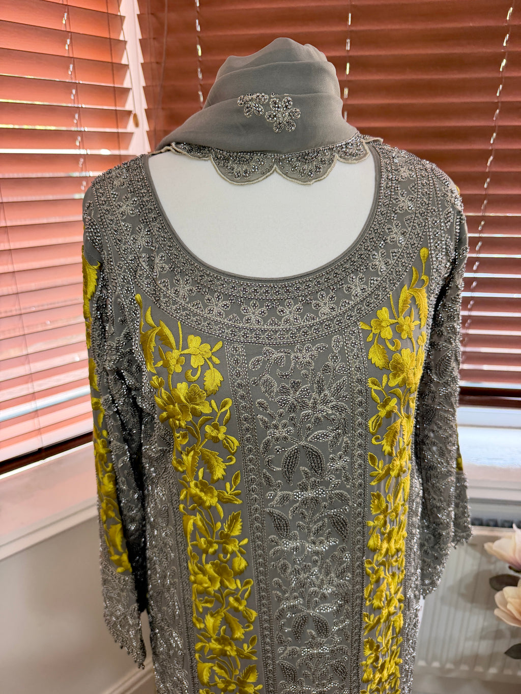 Grey Lace Sharara with Yellow Embroidery