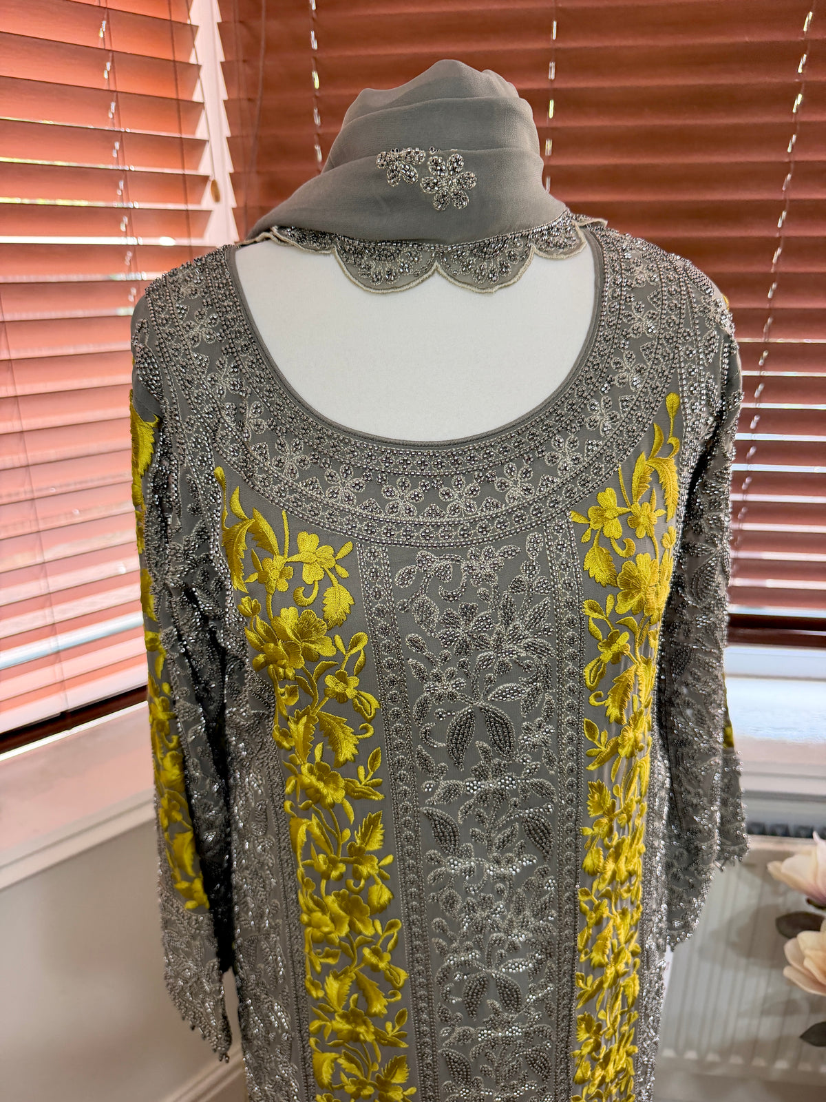 Grey Lace Sharara with Yellow Embroidery