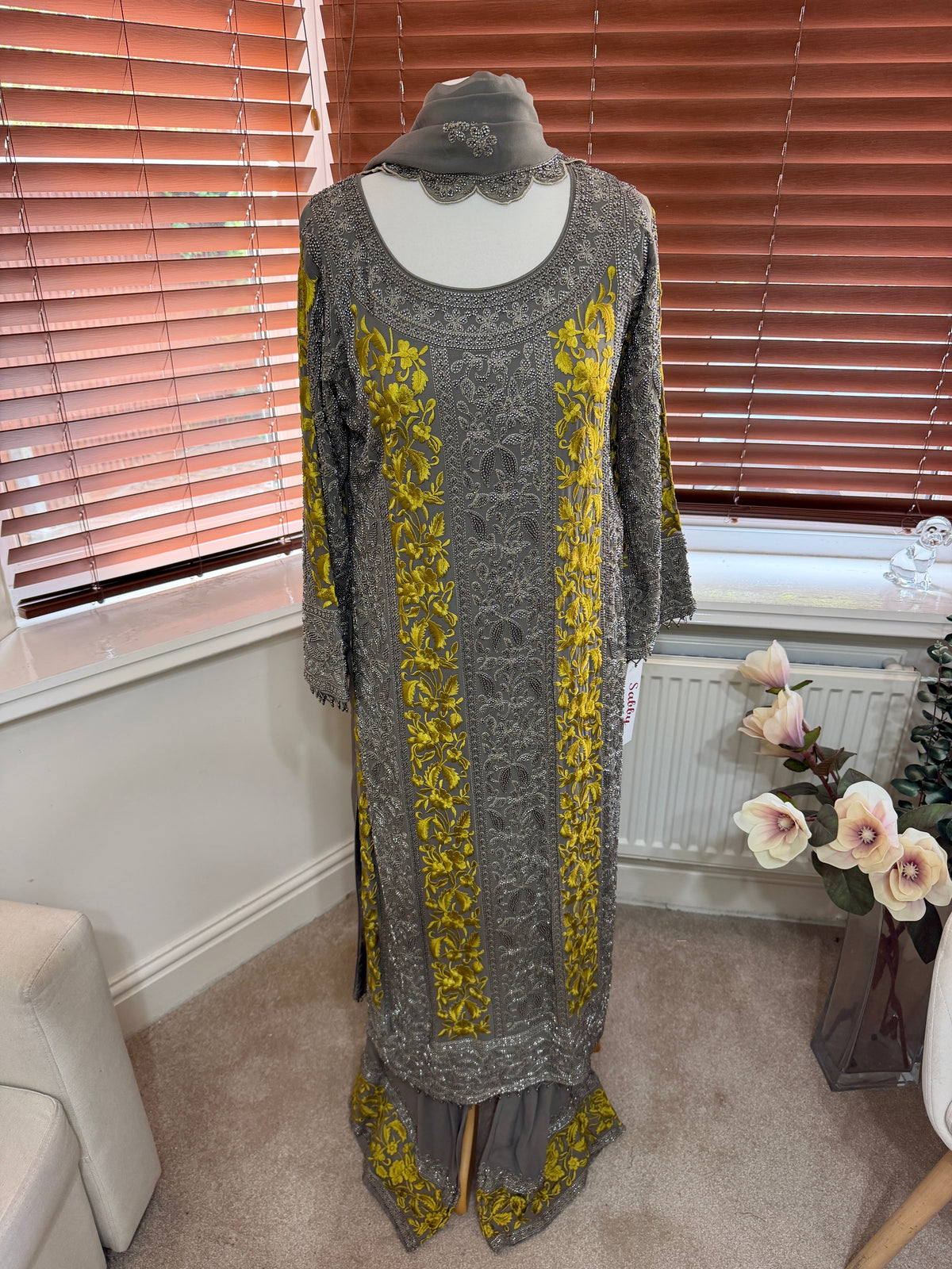 Grey Lace Sharara with Yellow Embroidery