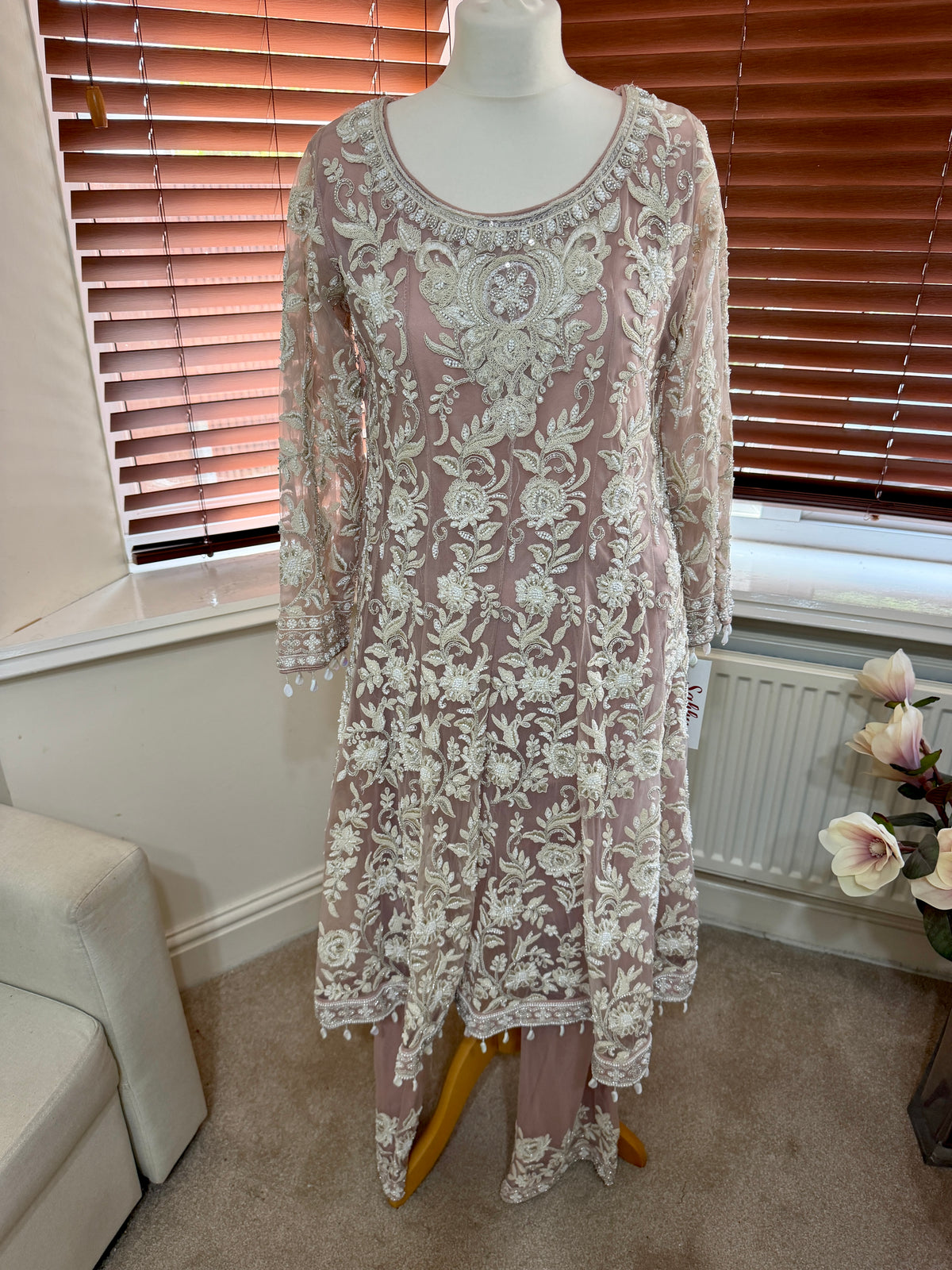 Salmon Pink Long Kaftan with White Floral Embroidery
