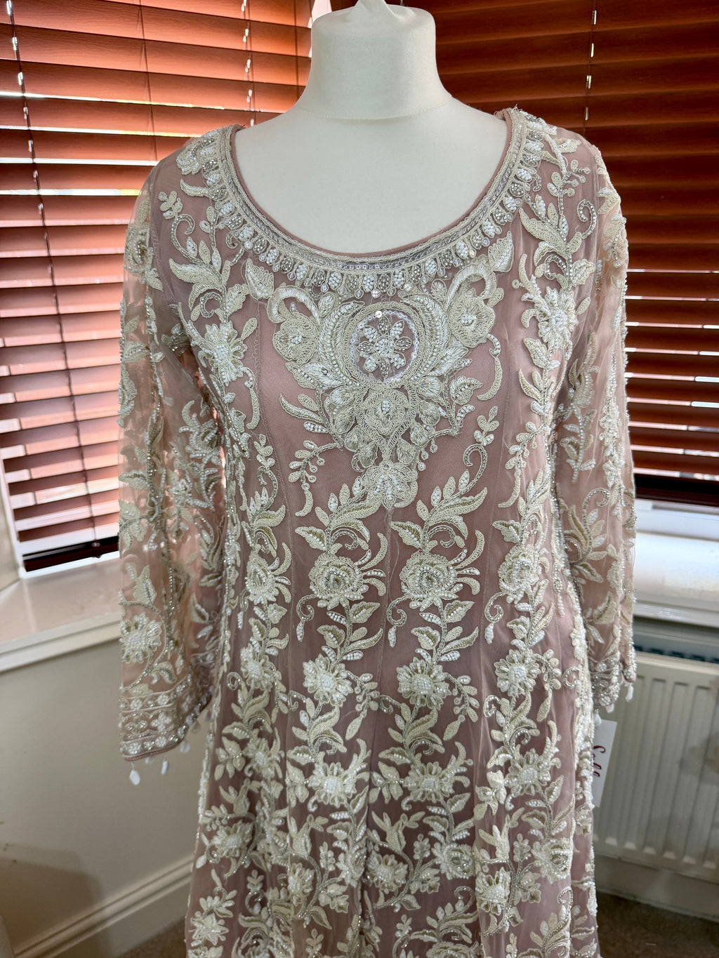 Salmon Pink Long Kaftan with White Floral Embroidery