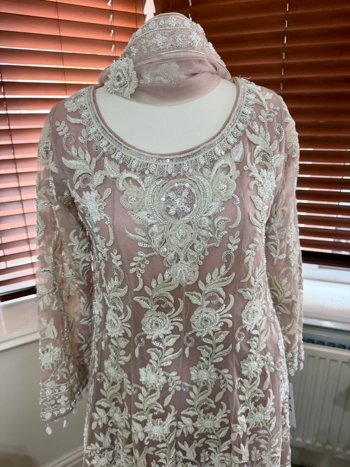 Salmon Pink Long Kaftan with White Floral Embroidery