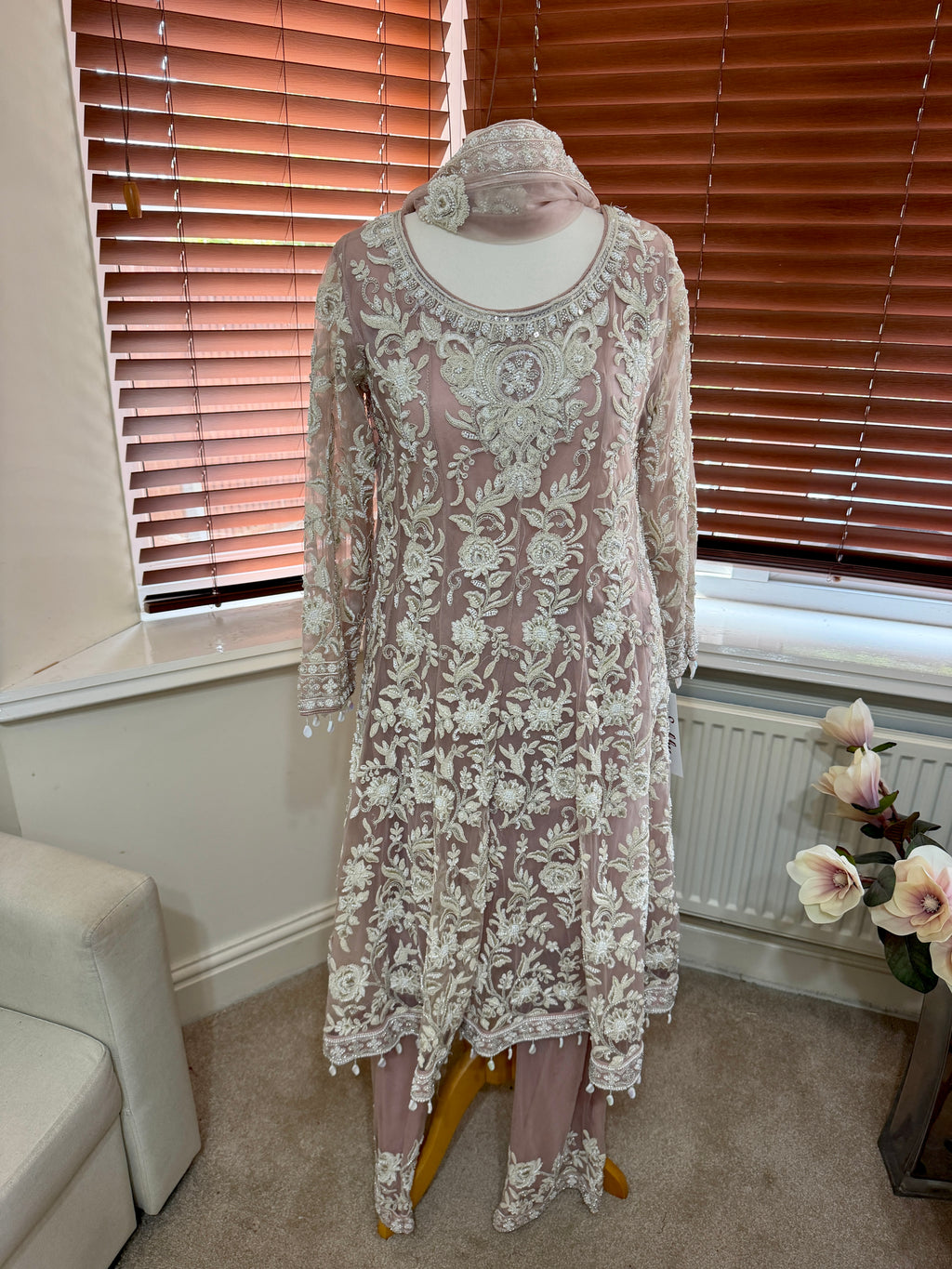 Salmon Pink Long Kaftan with White Floral Embroidery
