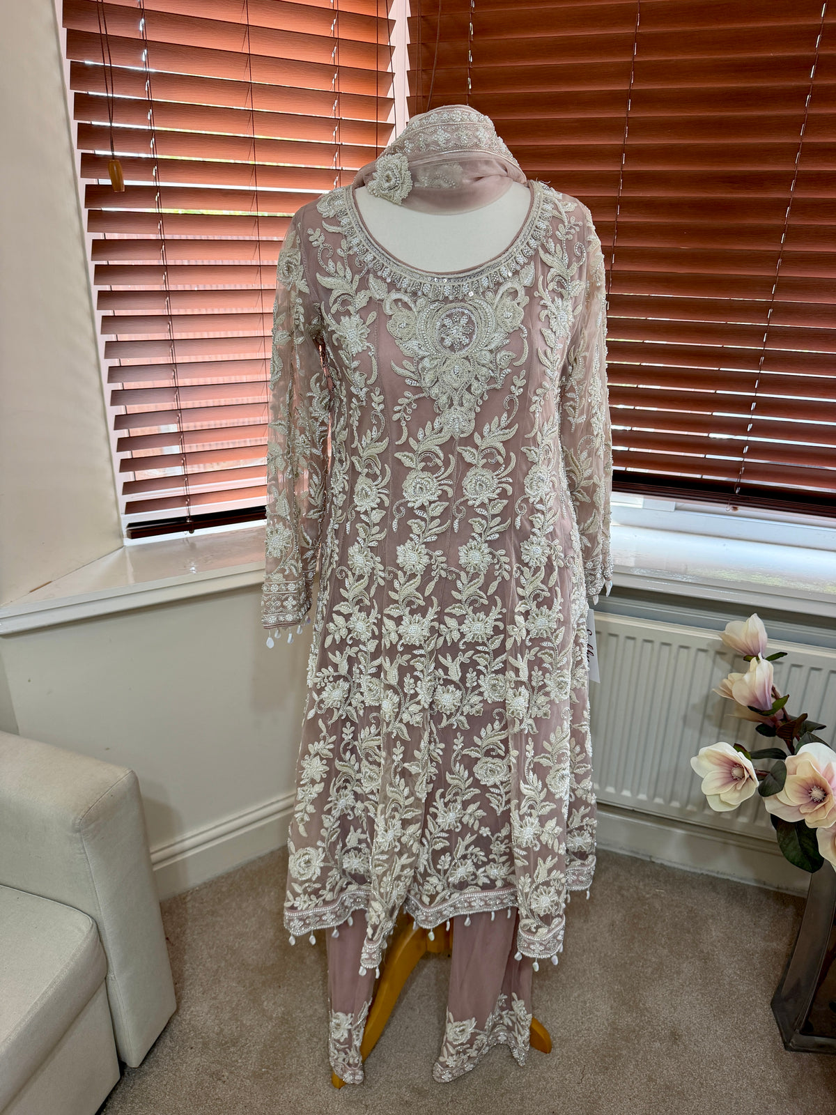 Salmon Pink Long Kaftan with White Floral Embroidery