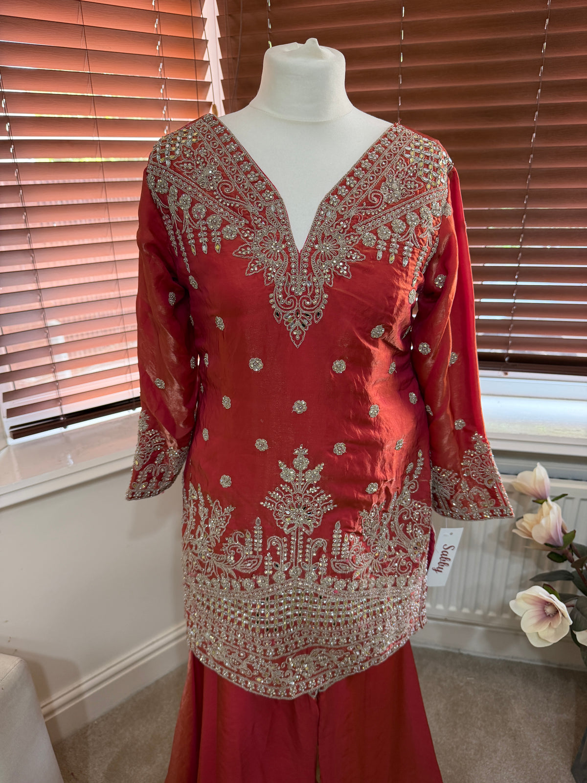 Coral Red Embellished Sharara Set