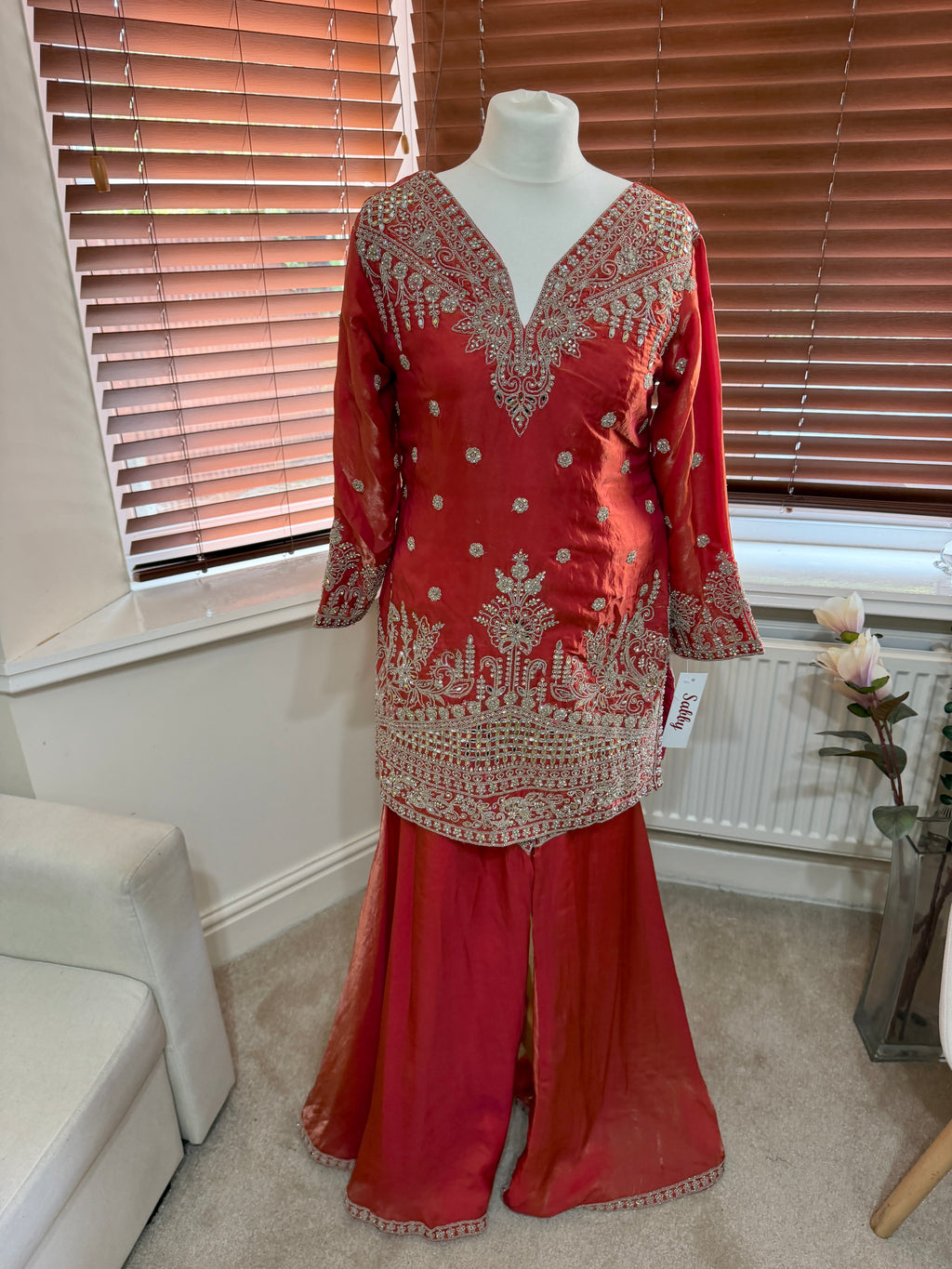 Coral Red Embellished Sharara Set