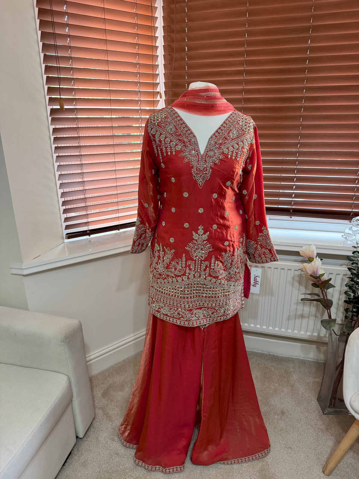 Coral Red Embellished Sharara Set