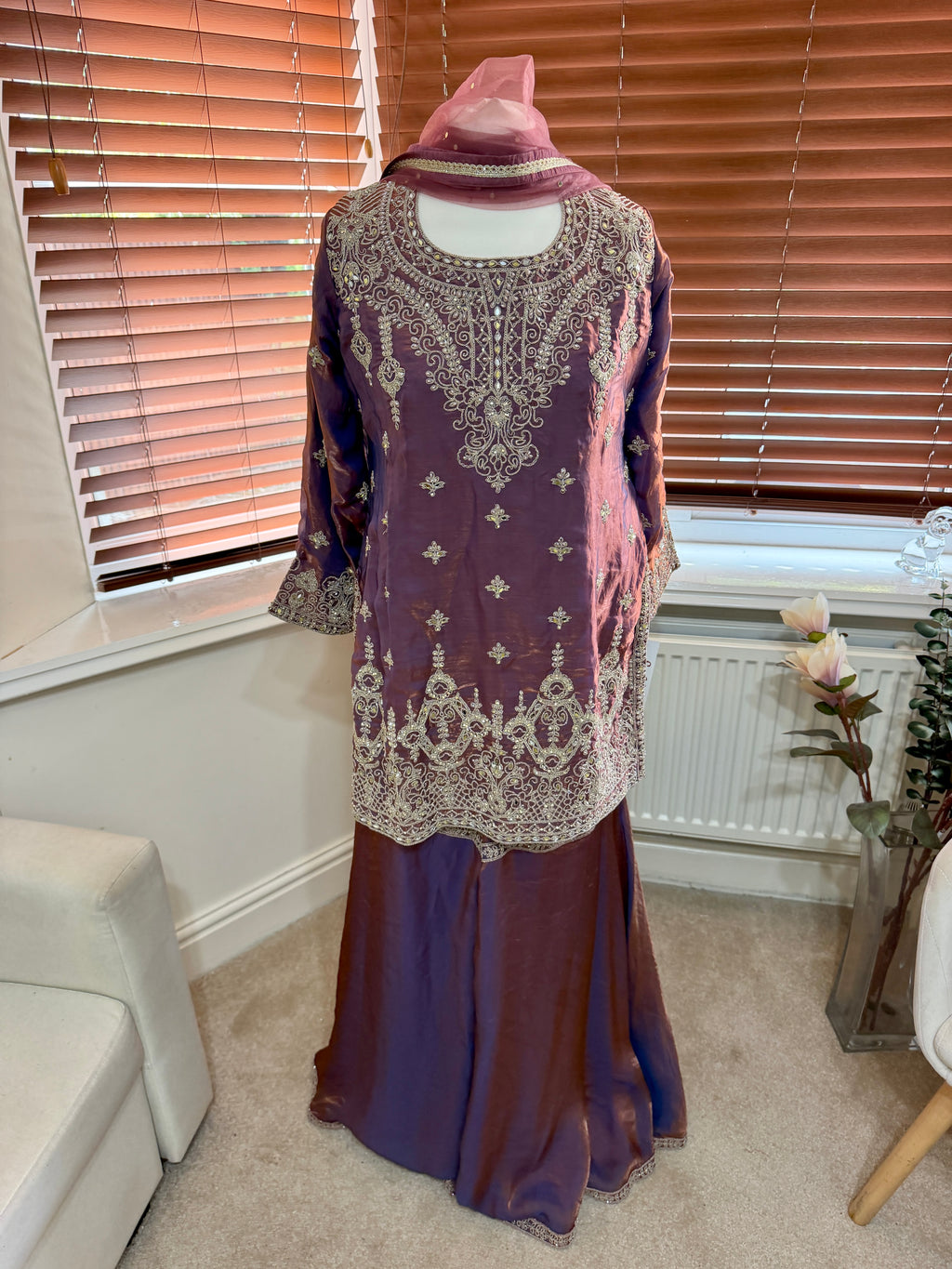 Mauve Gold Embroidered Kurta Set