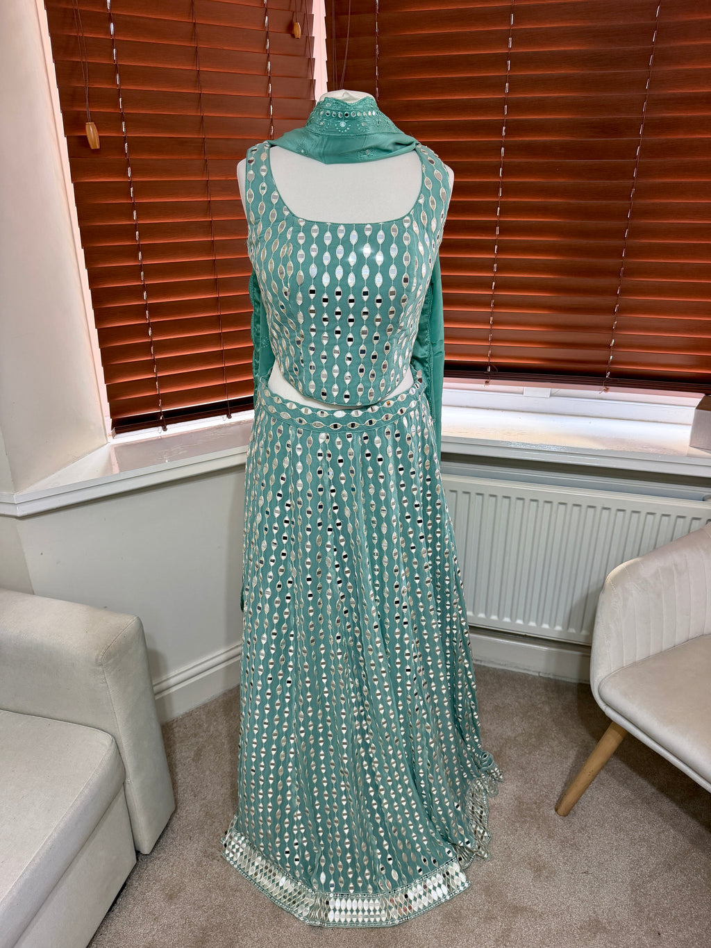 Teal Mirror Work Lehenga Set
