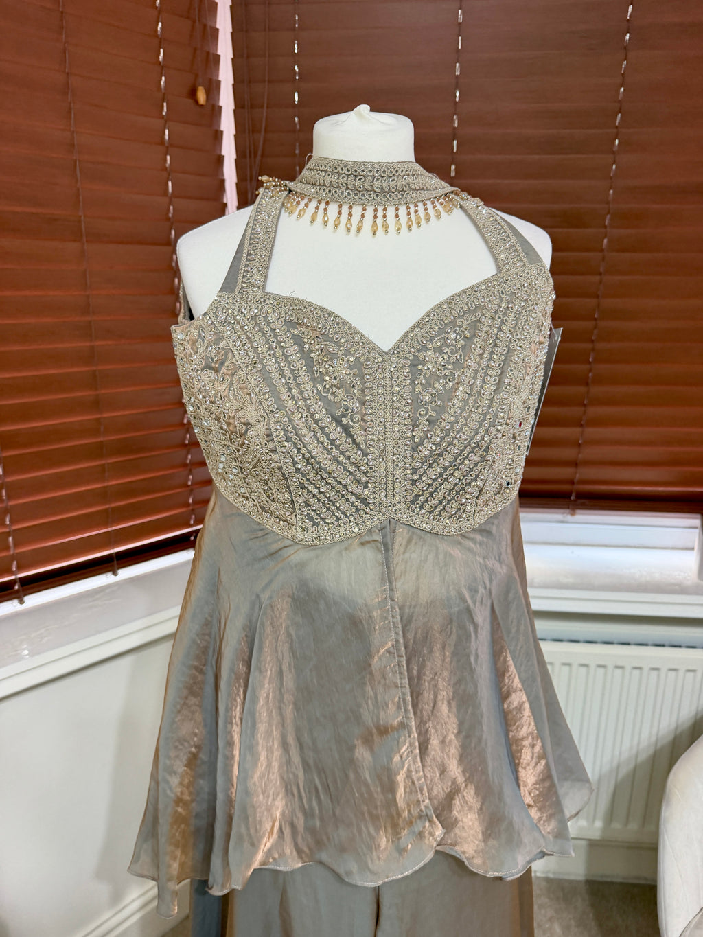 Champagne Corset Peplum Top & Sharara Set