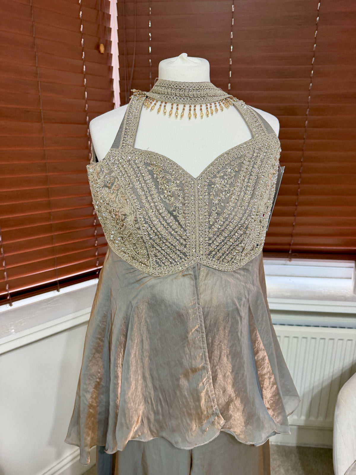 Champagne Corset Peplum Top & Sharara Set