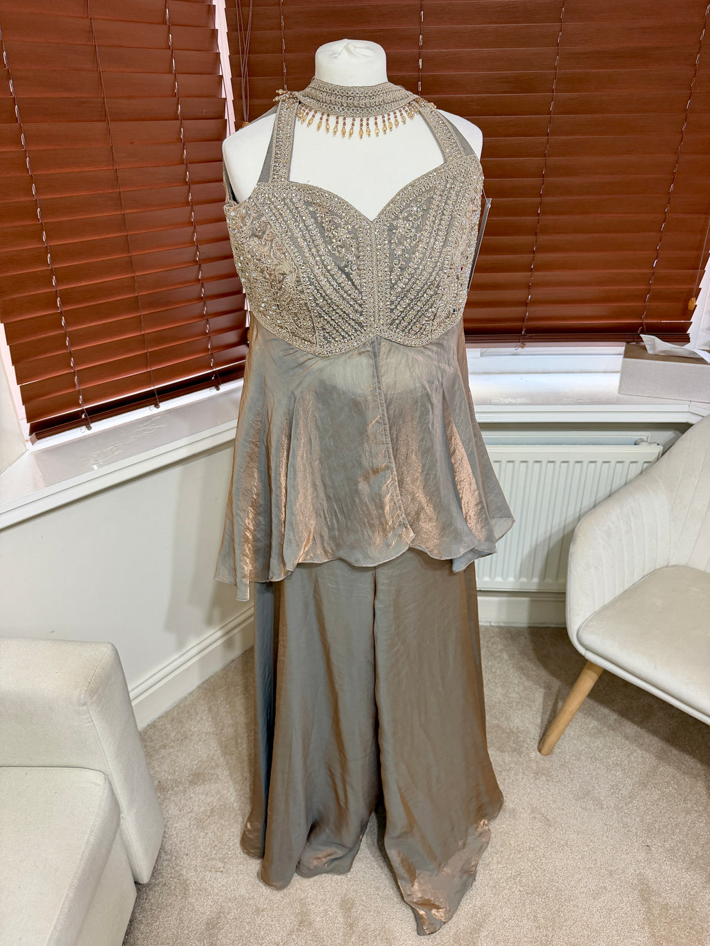 Champagne Corset Peplum Top & Sharara Set