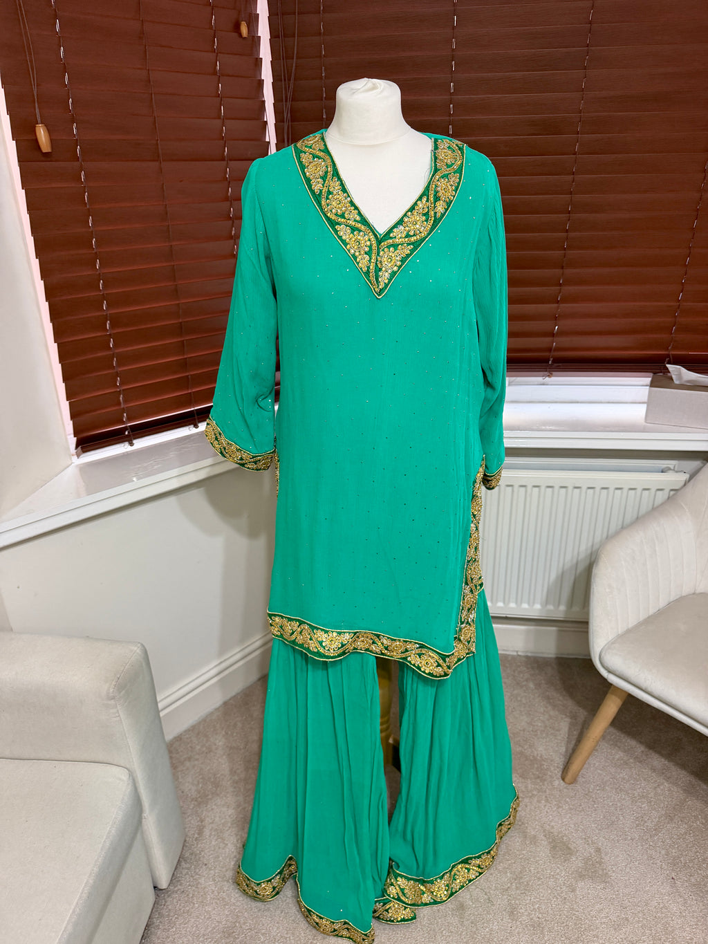 Emerald Green Gold Trim Kurta Set