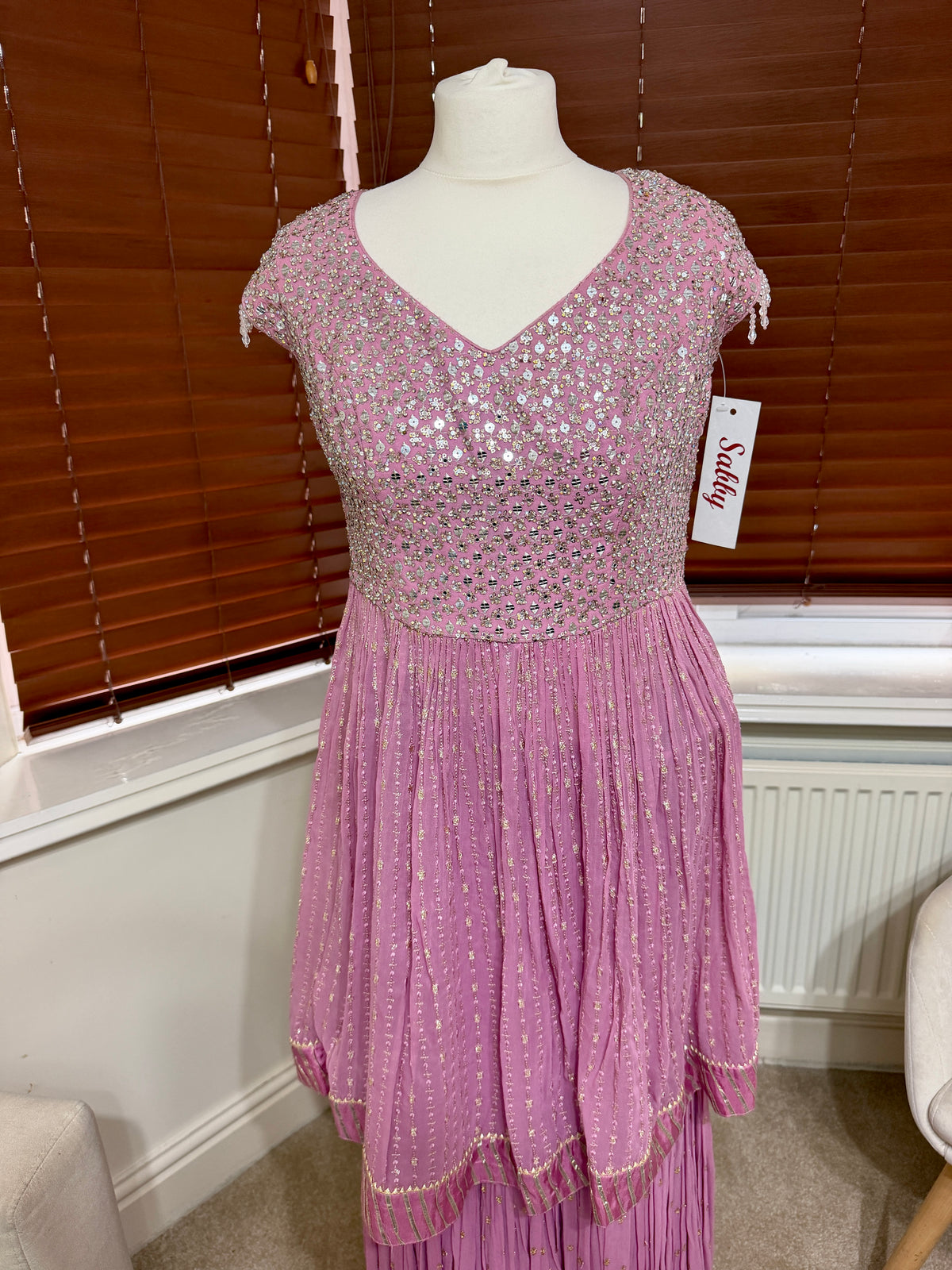 Lilac Sharara Set with Long Peplum Style Embroidered Top & Matching Dupatta
