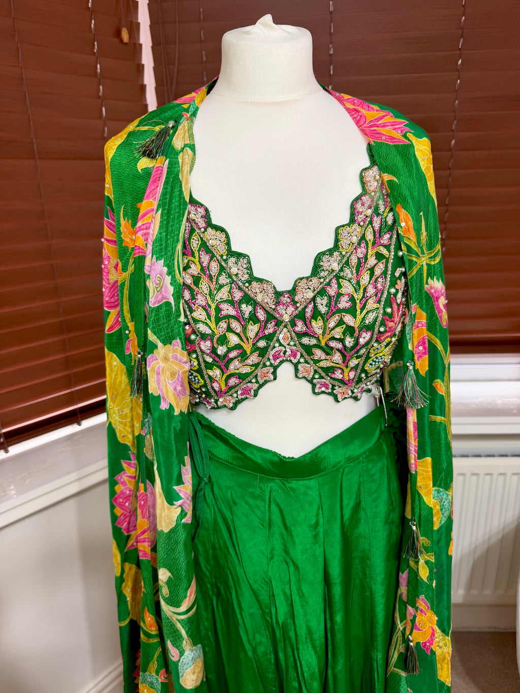 Green Sharara Set with Cropped Embroidered Blouse & Floral Printed Cape