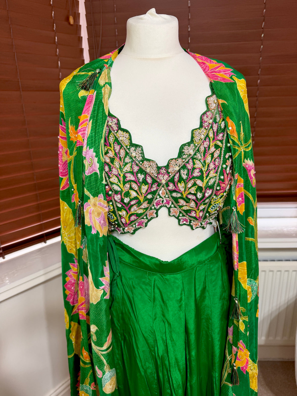 Green Sharara Set with Cropped Embroidered Blouse & Floral Printed Cape